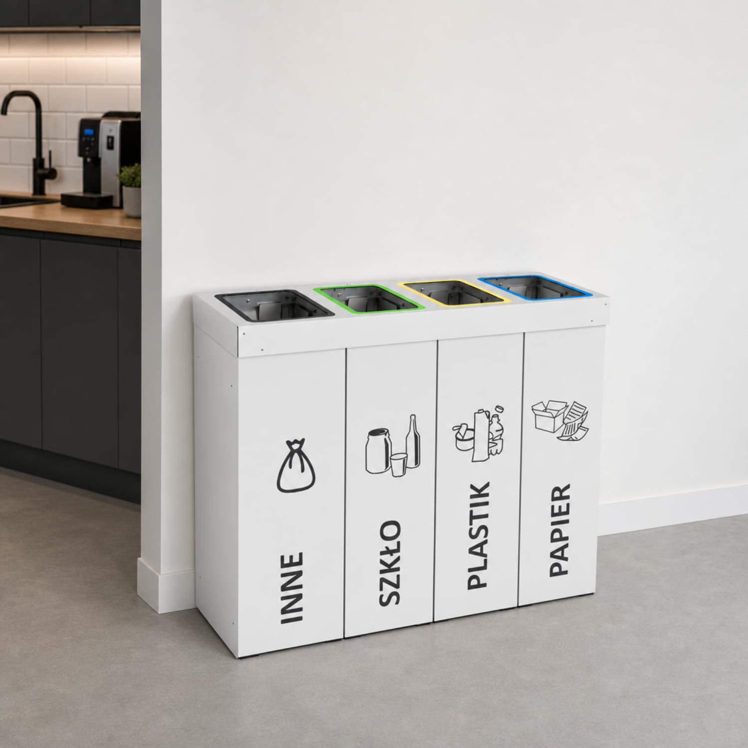 Kosz do segregacji DENEB 4 x 70 L w nowoczesnym biurze &ndash; pojemnik do segregacji odpad&oacute;w do firm i przestrzeni biurowych.