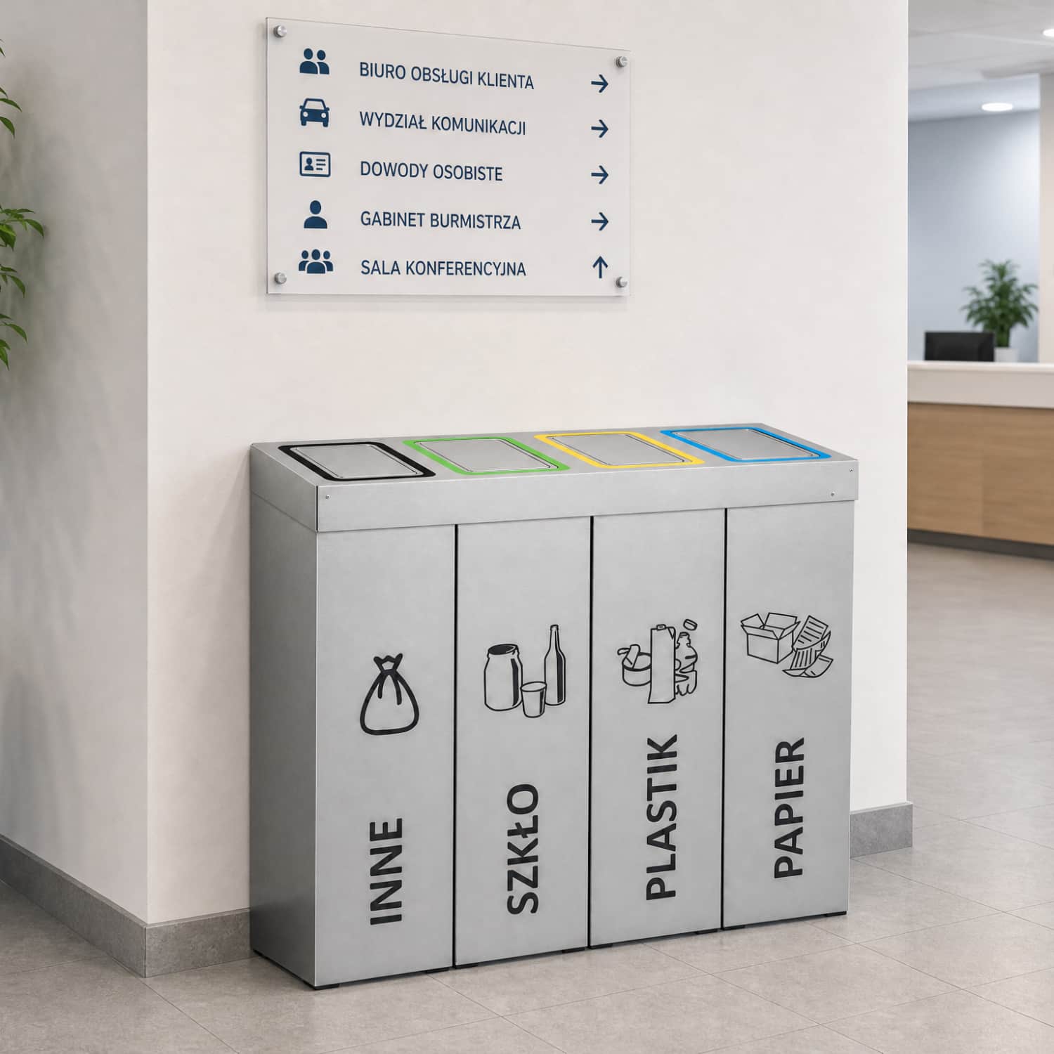 Stacja do segregacji odpad&oacute;w DENEB 4 &times; 50 L w budynku urzędu &ndash; trwały kosz do segregacji z aluminium kompozytowego Alu-PE-Alu.