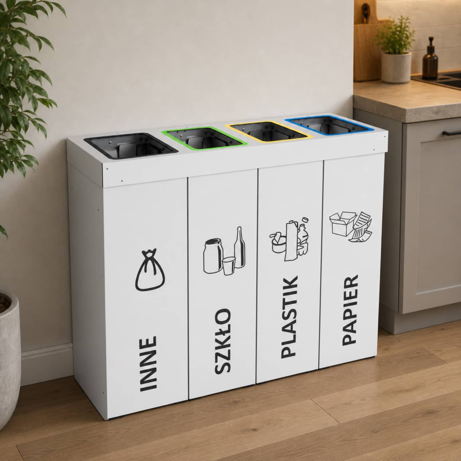 Kosz do segregacji DENEB 4 x 70 L w nowoczesnej kuchni &ndash; funkcjonalny pojemnik do segregacji odpad&oacute;w do domu.