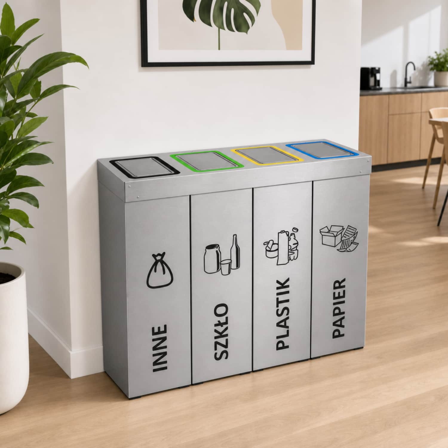 Kosz do segregacji DENEB 4 &times; 50 L w nowoczesnym biurze &ndash; elegancka stacja do selektywnej zbi&oacute;rki odpad&oacute;w w przestrzeni komercyjnej.