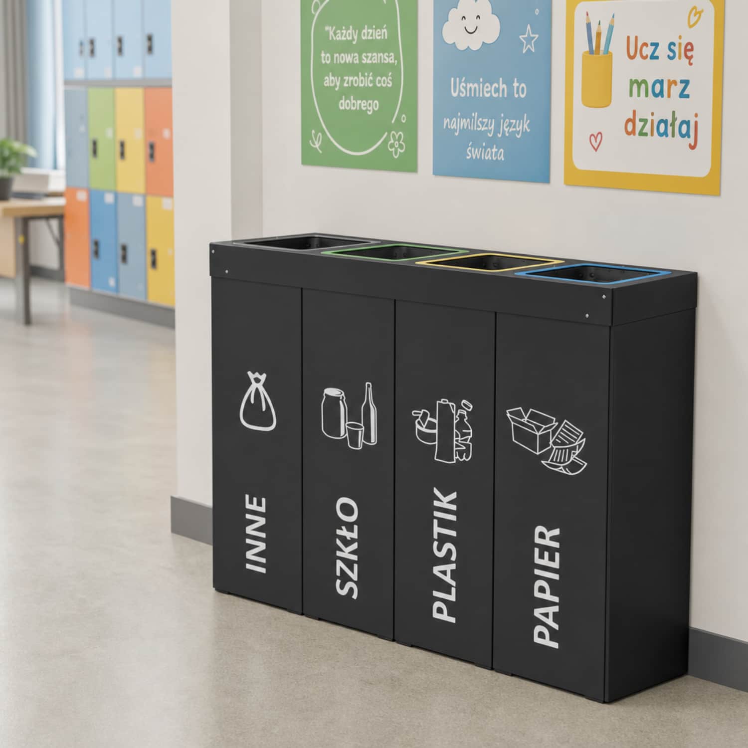 4-komorowy kosz do segregacji DENEB 4 &times; 50 L do szk&oacute;ł, uczelni i plac&oacute;wek edukacyjnych.