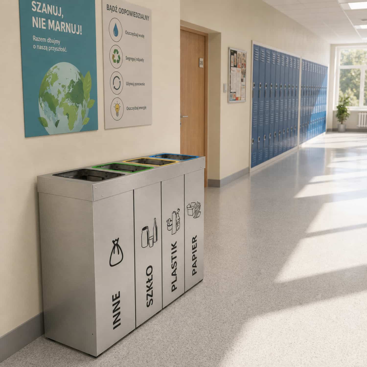 Kosz do segregacji odpad&oacute;w DENEB 4 x 50 L w szkole &ndash; pojemniki na inne, szkło, plastik i papier