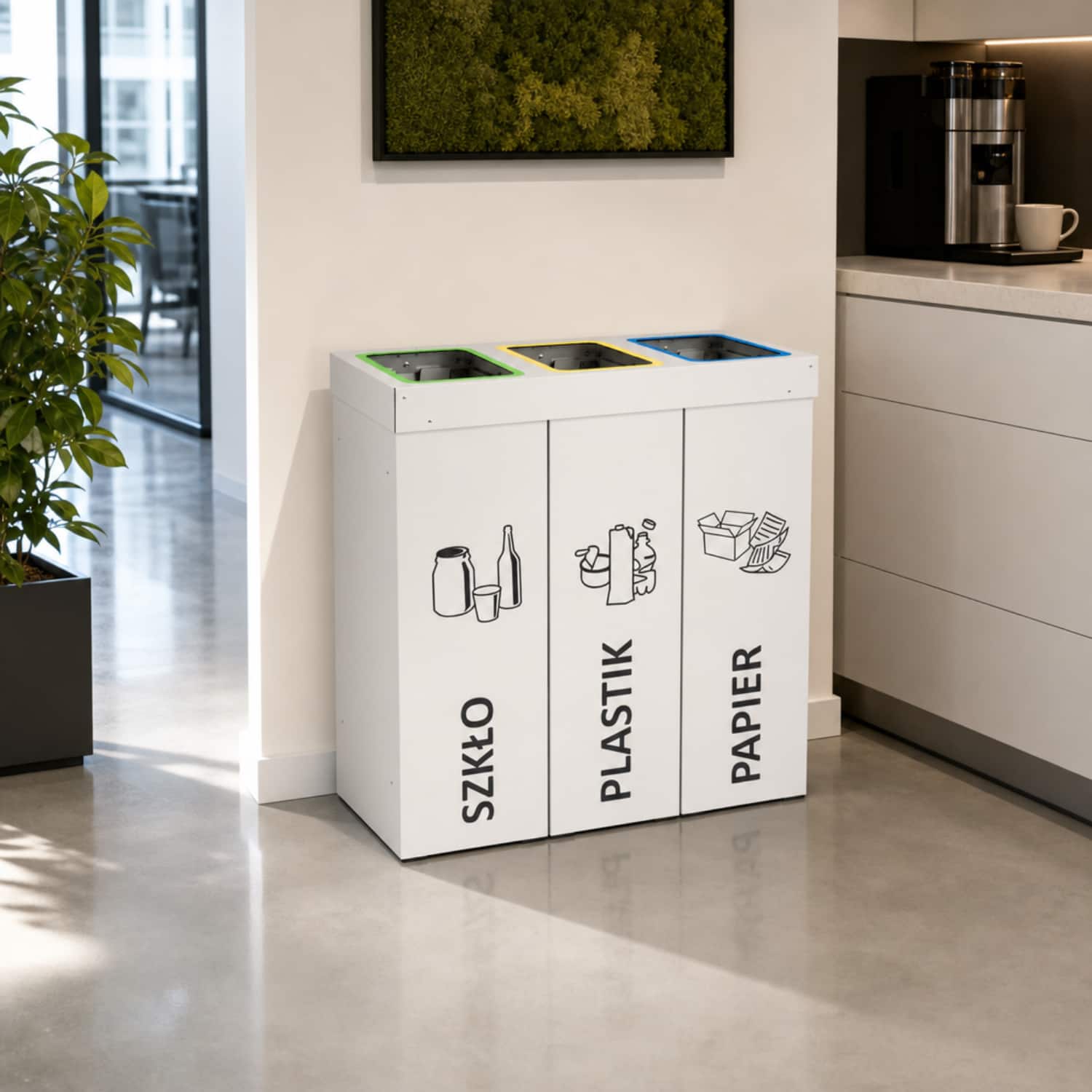 Kosz do segregacji odpad&oacute;w DENEB w biurze &ndash; pojemnik na szkło, plastik i papier.