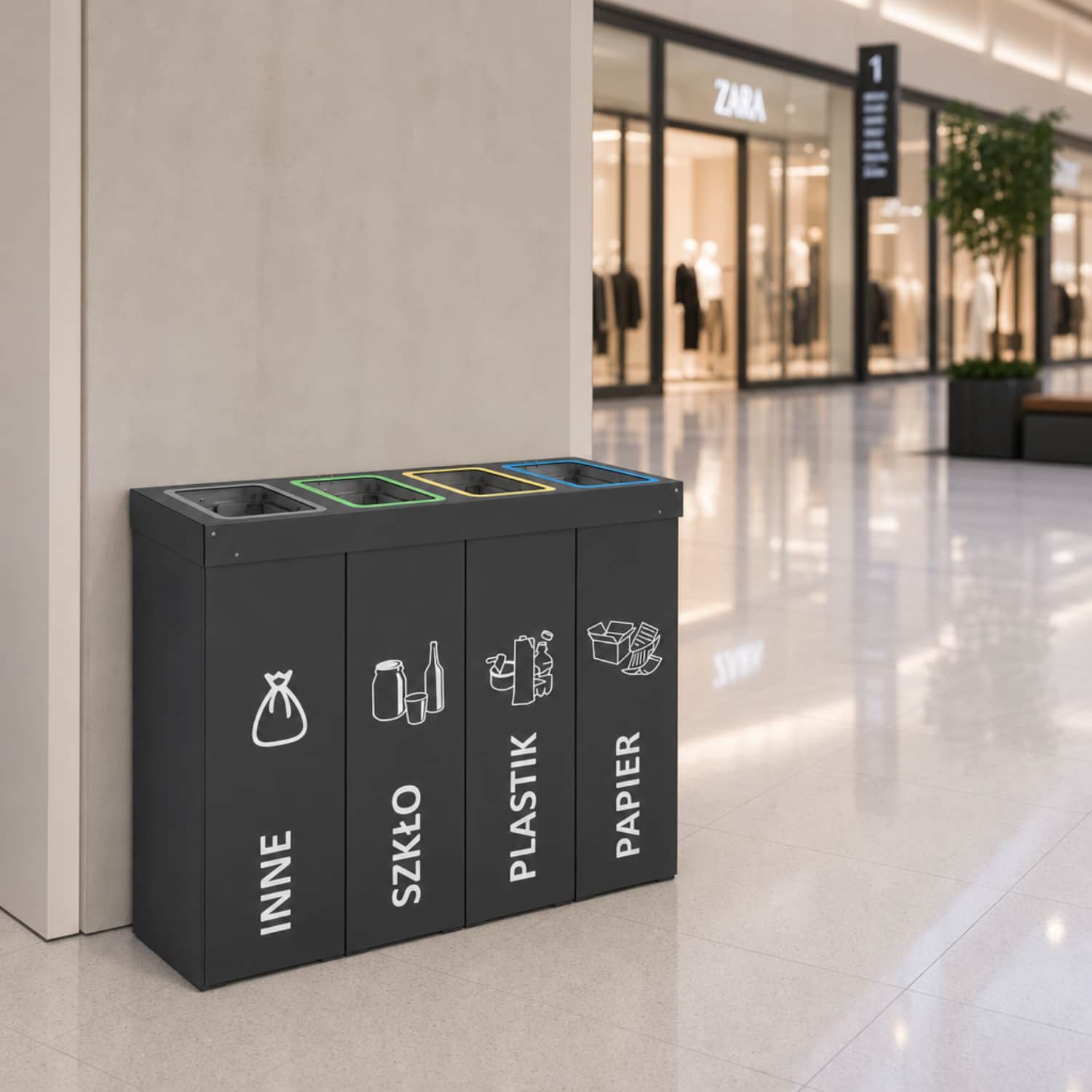 Kosz do segregacji DENEB 4 &times; 50 L antracytowy do galerii handlowych i centr&oacute;w handlowych.