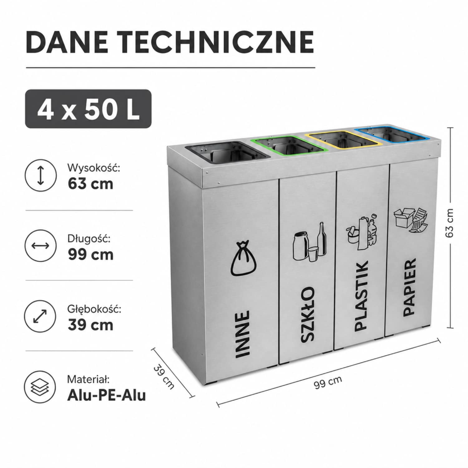 Kosz do segregacji DENEB 4 x 50 L &ndash; wymiary 63 x 99 x 39 cm, korpus Alu-PE-Alu