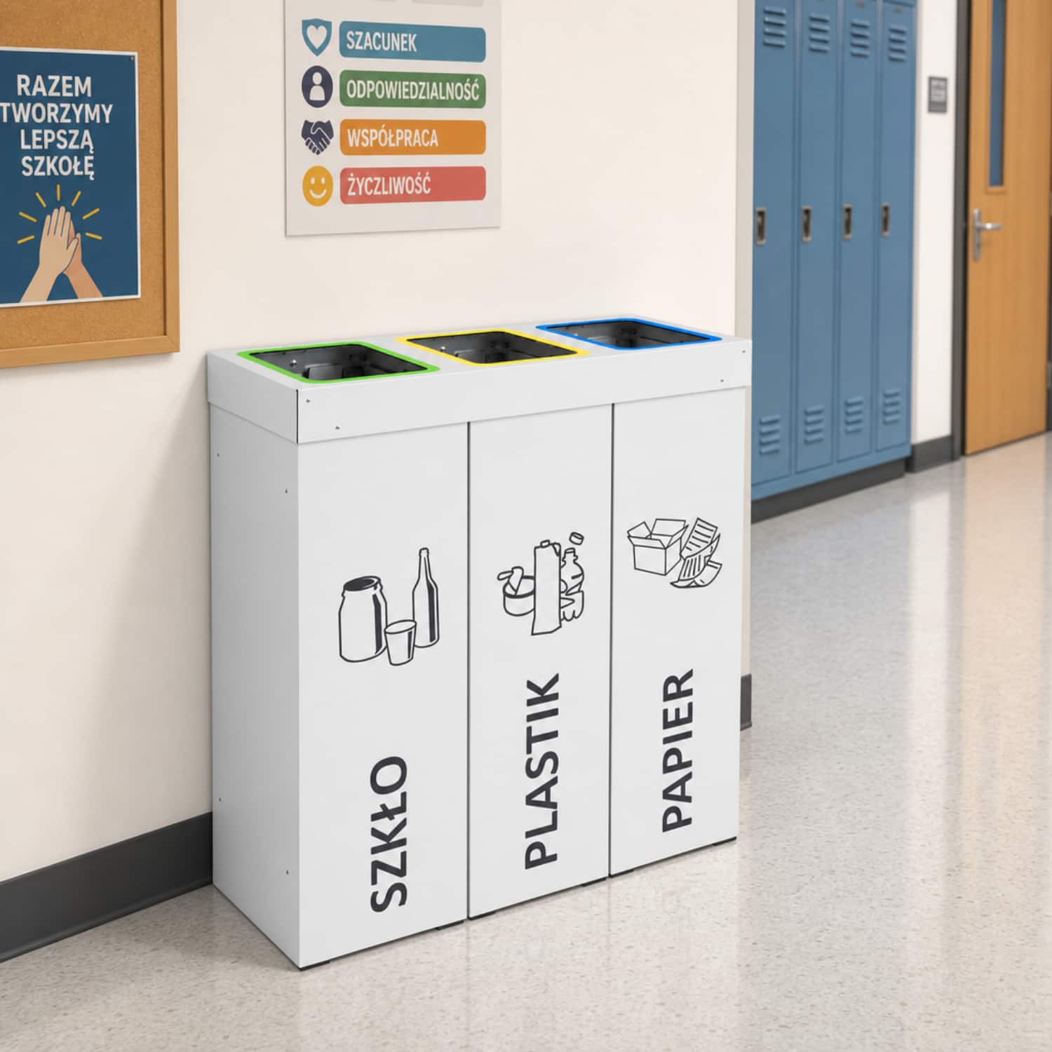 Kosz do segregacji do szkoły DENEB 3 &times; 50 L &ndash; trwały pojemnik do recyklingu.