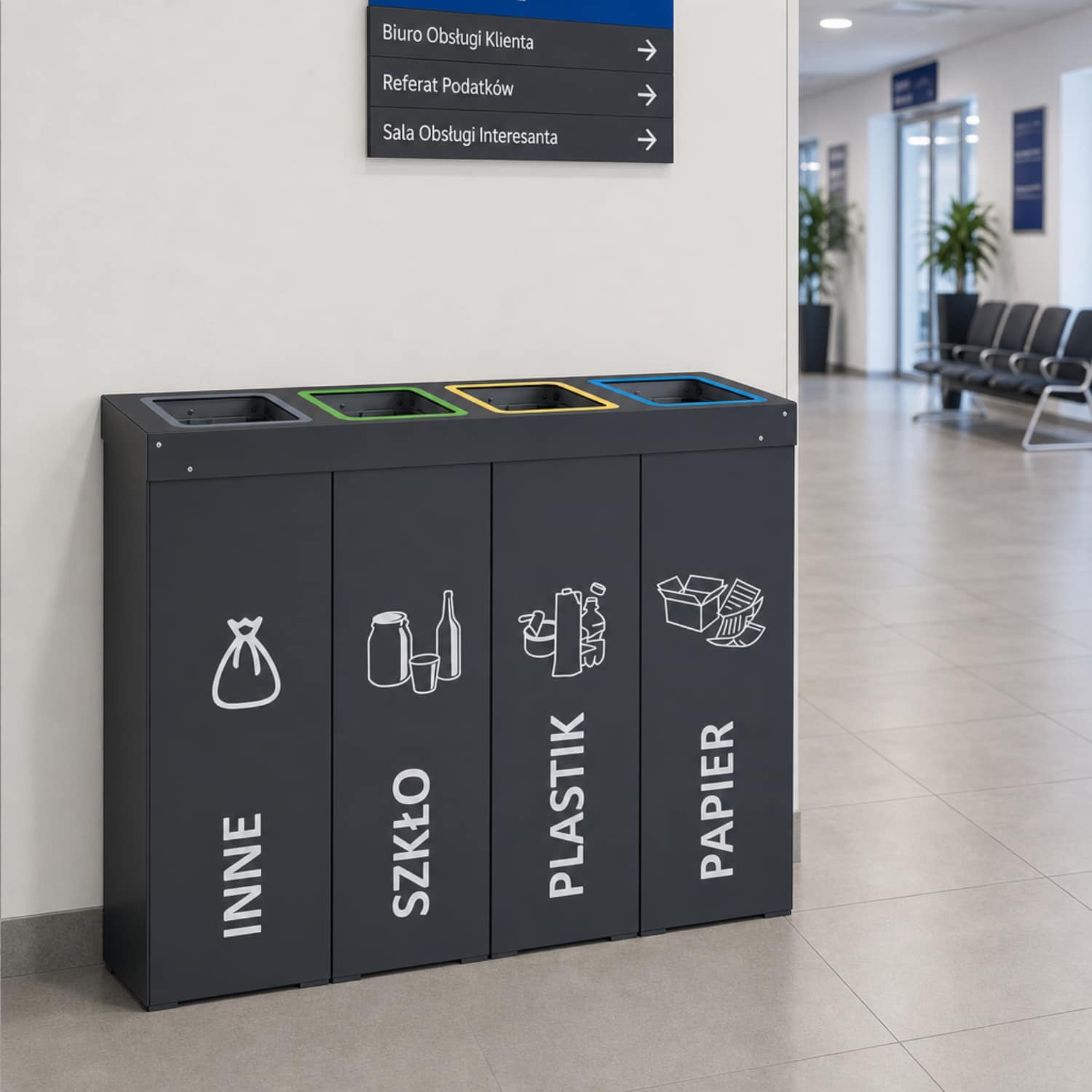 4-komorowy kosz do segregacji odpad&oacute;w DENEB 4 &times; 50 L do urzęd&oacute;w, biur i budynk&oacute;w użyteczności publicznej.