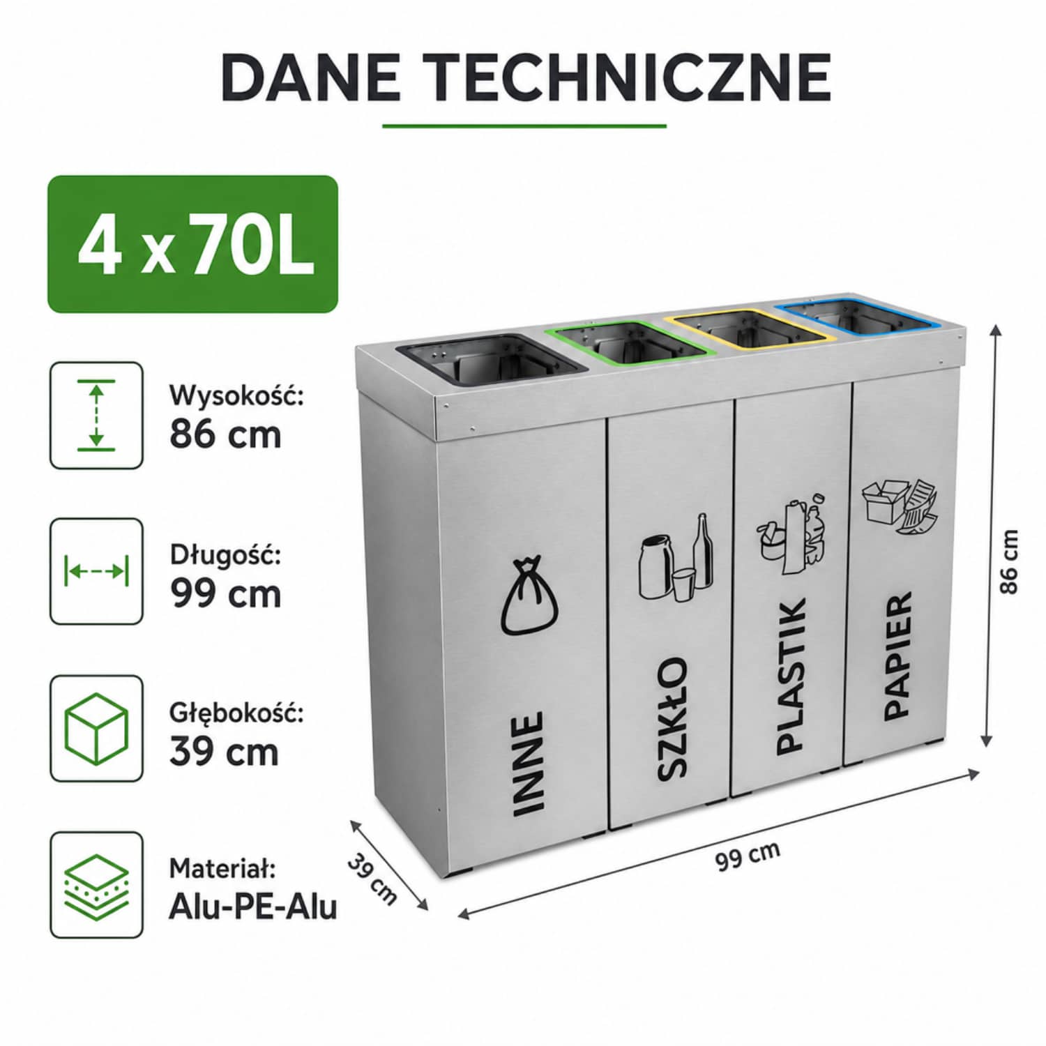 Kosz do segregacji DENEB 4 &times; 70 L &ndash; wymiary 86 &times; 99 &times; 39 cm, korpus Alu-PE-Alu
