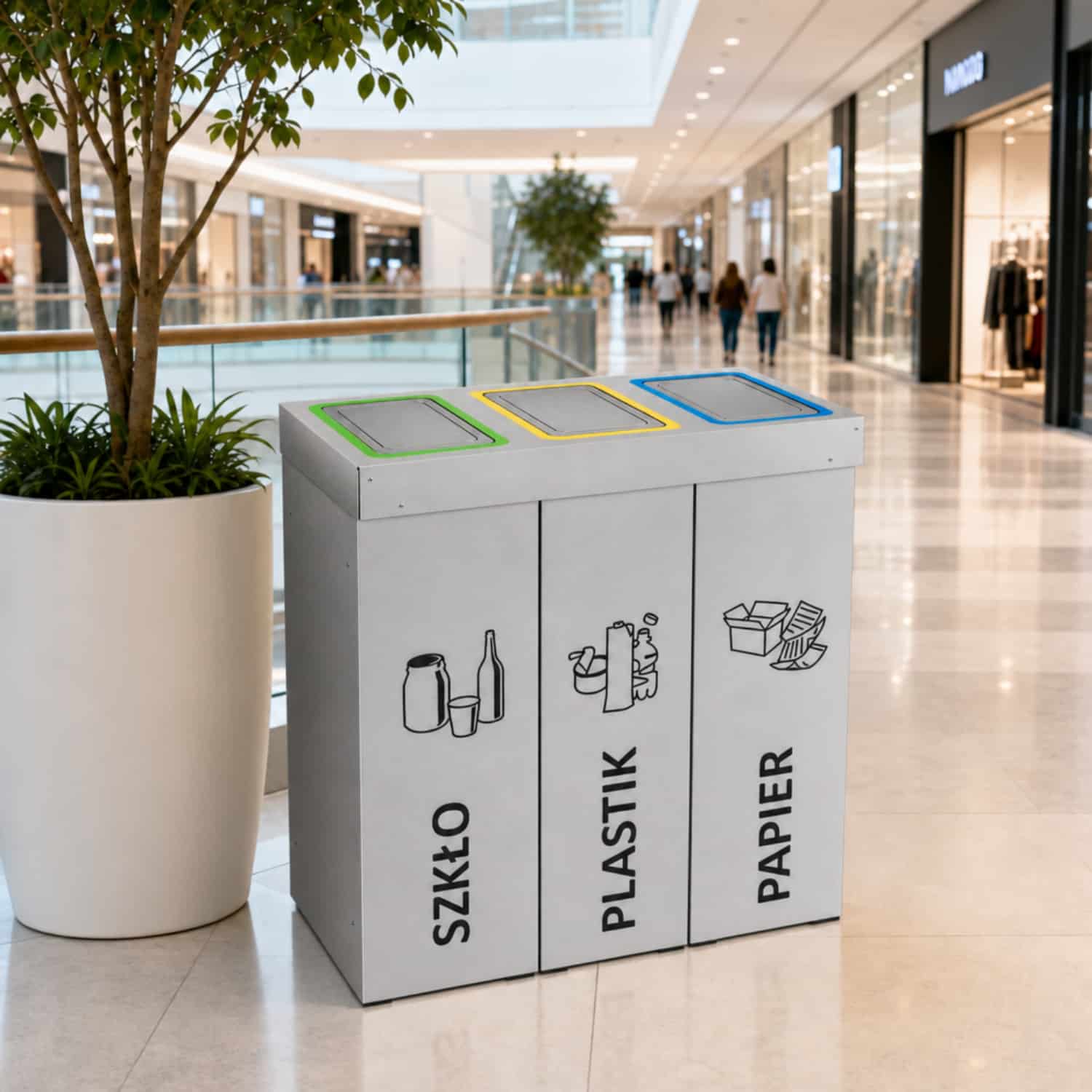 Trzykomorowy kosz do segregacji DENEB 3 x 50 L z klapami w galerii handlowej &ndash; szkło, plastik i papier