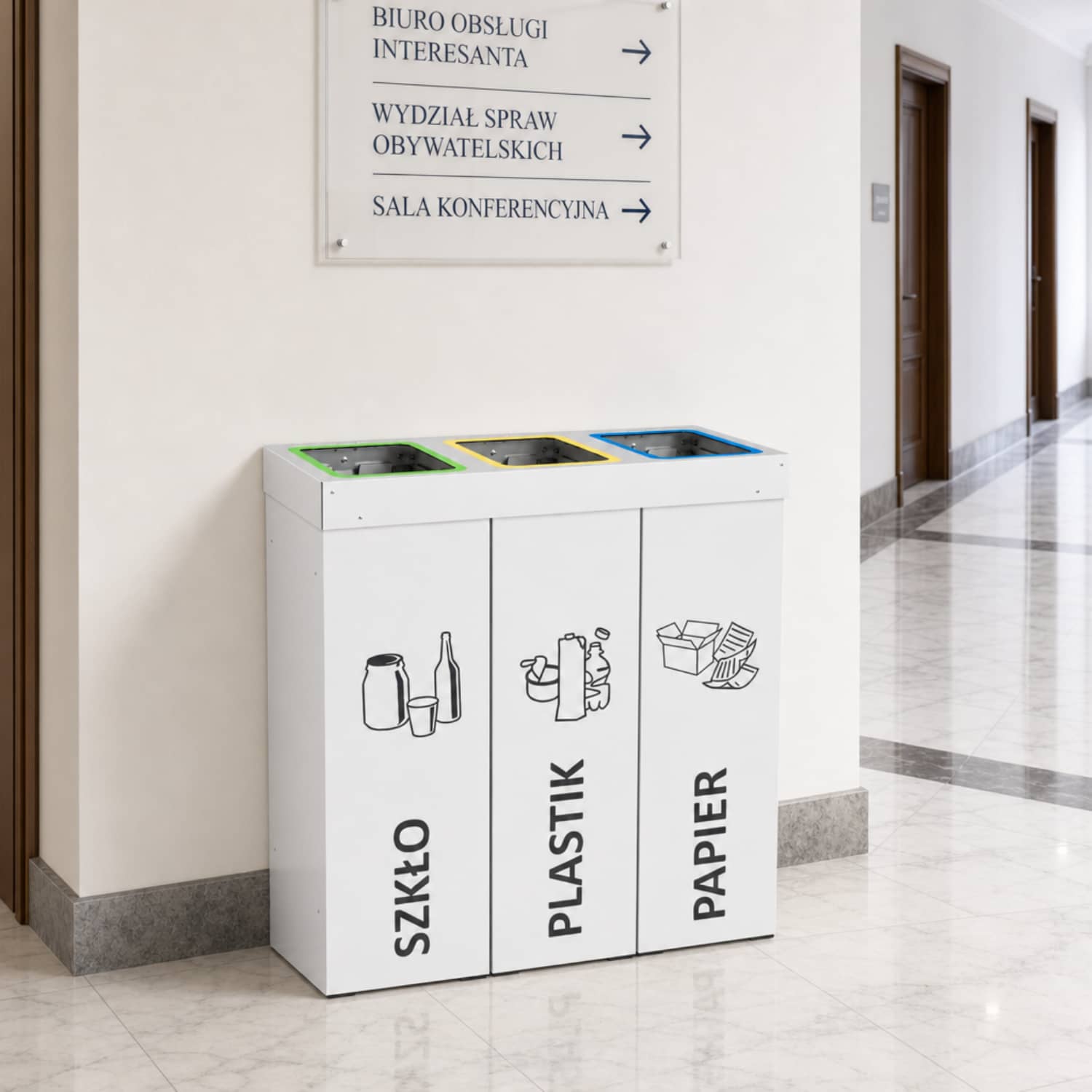 Kosz do segregacji DENEB do urzęd&oacute;w i instytucji &ndash; 3-komorowy pojemnik na odpady.
