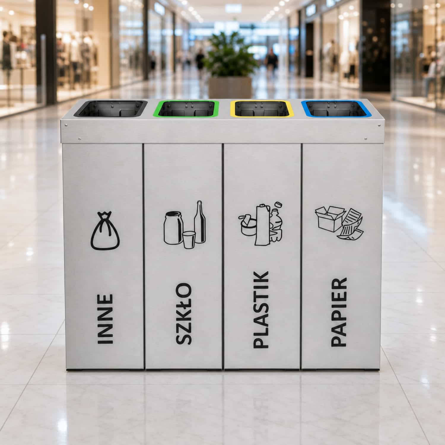 Kosz do segregacji odpad&oacute;w DENEB 4 x 50 L w galerii handlowej &ndash; pojemnik na inne, szkło, plastik i papier