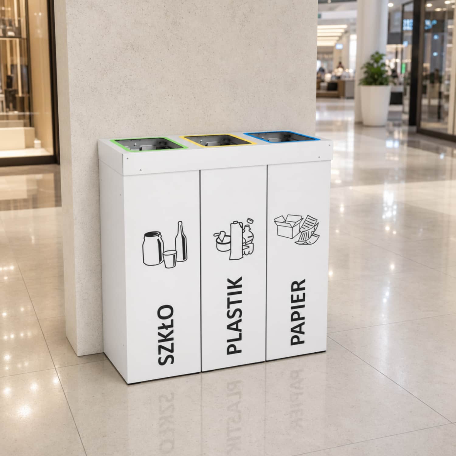 Kosz do segregacji do galerii handlowych DENEB &ndash; biały pojemnik na szkło, plastik i papier.