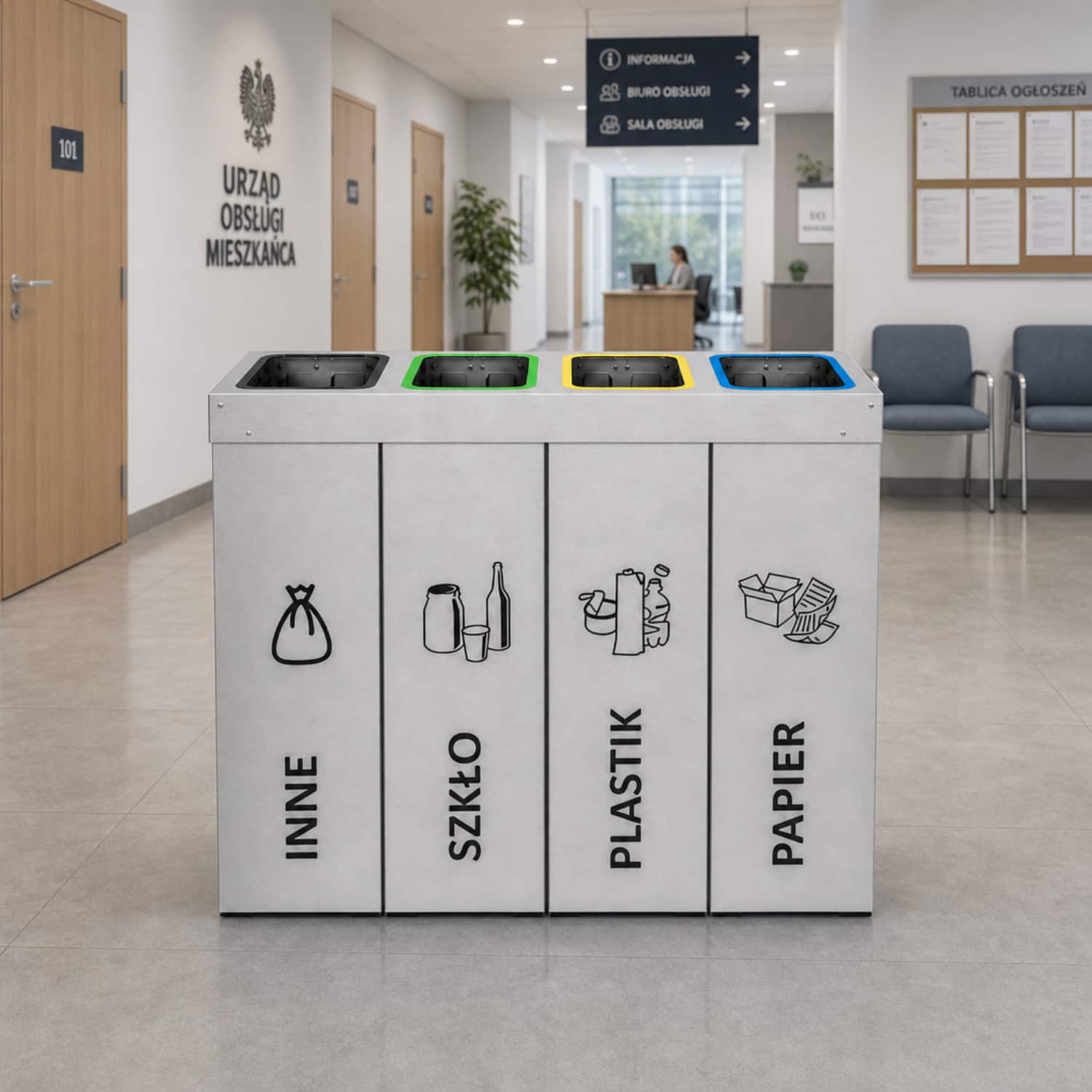 Kosz do segregacji DENEB 4 x 50 L w urzędzie &ndash; cztery komory na inne, szkło, plastik i papier