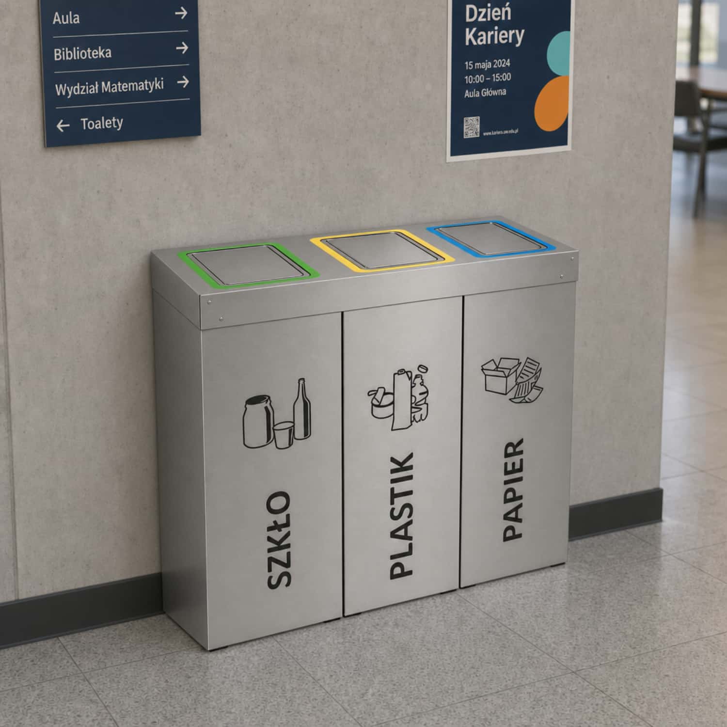 Kosz do segregacji odpad&oacute;w DENEB 3 x 50 L z klapami w korytarzu uczelni &ndash; pojemnik na szkło, plastik i papier