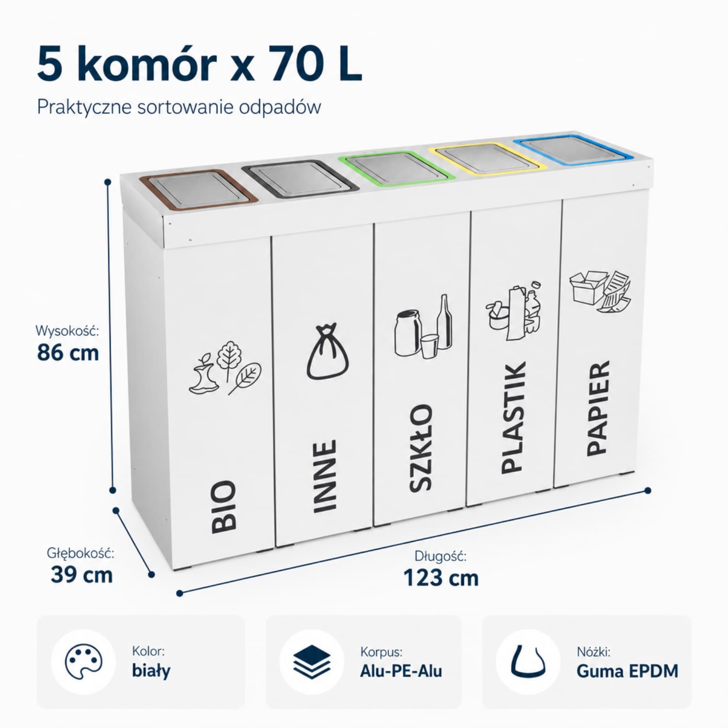 5-komorowy kosz do segregacji DENEB 5 &times; 70 L &ndash; wymiary, pojemność i dane techniczne.