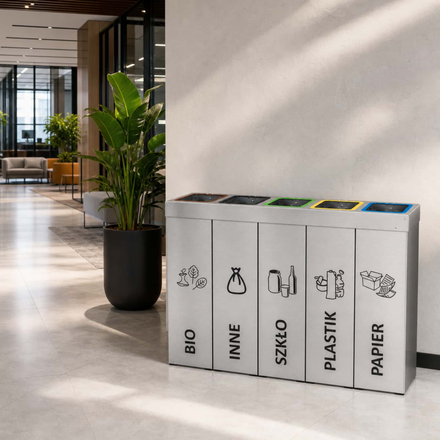 Kosz do segregacji DENEB 5 x 50 L do biura &ndash; pięciokomorowy pojemnik do segregacji odpad&oacute;w
