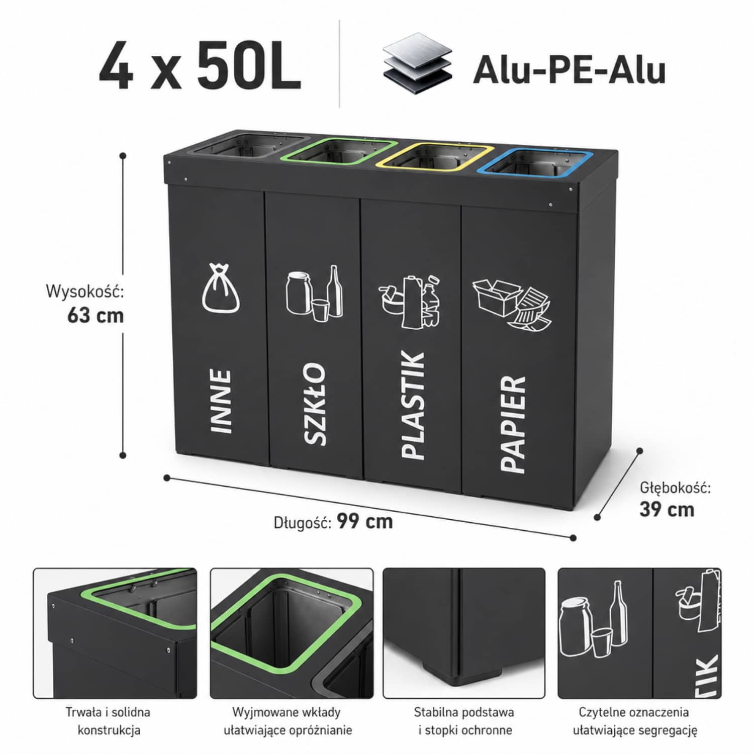 Infografika kosza do segregacji DENEB 4 &times; 50 L &ndash; wymiary, pojemność i konstrukcja Alu-PE-Alu.