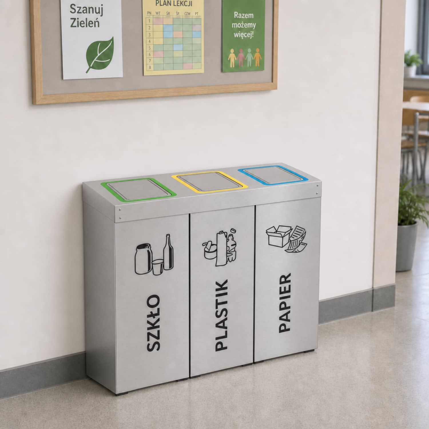 Kosz do segregacji DENEB 3 x 50 L z klapami w szkole &ndash; trzykomorowa stacja do segregacji szkła, plastiku i papieru
