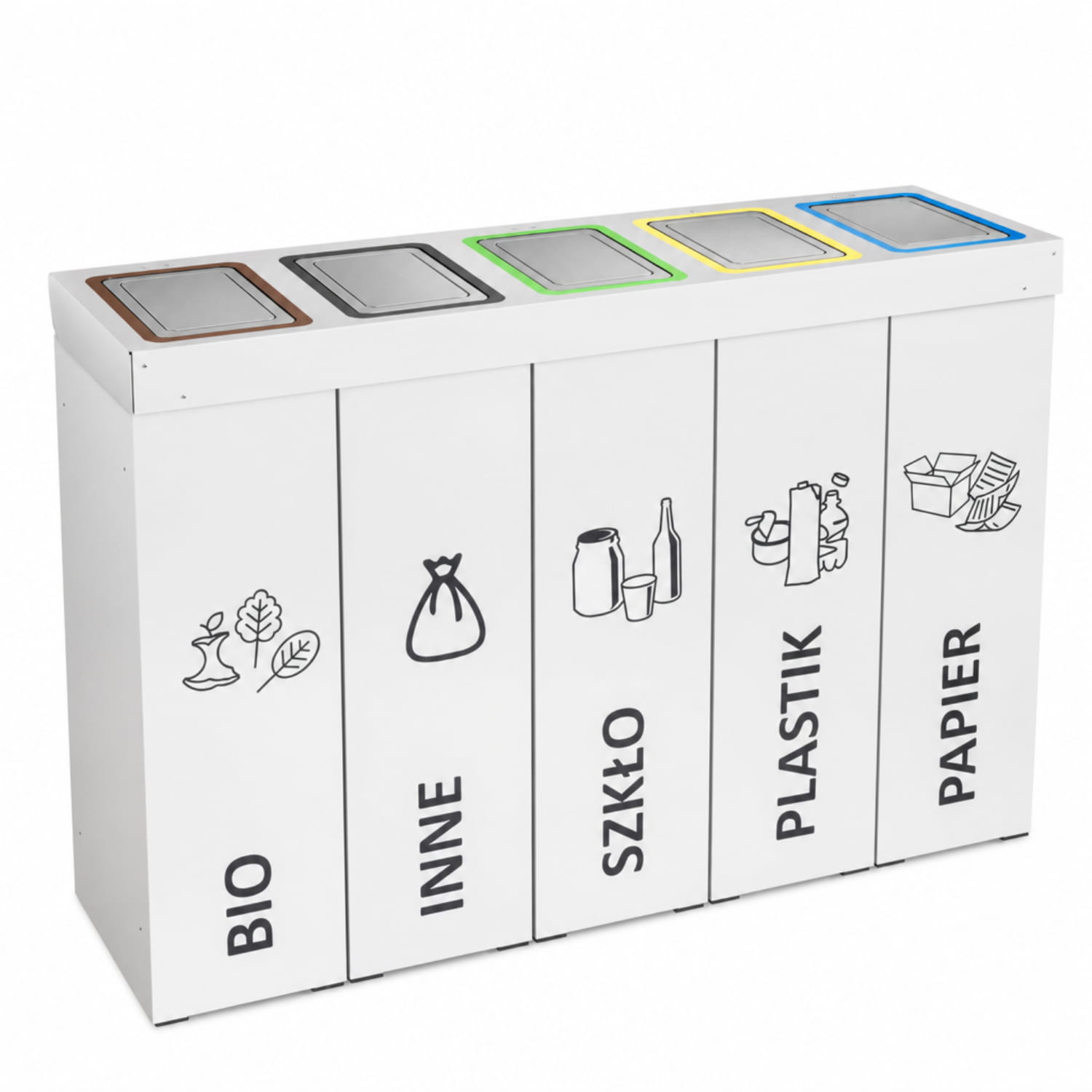 Kosz do segregacji DENEB 5-komorowy &ndash; biały pojemnik do segregacji odpad&oacute;w BIO, INNE, SZKŁO, PLASTIK i PAPIER z kolorowymi pokrywami.