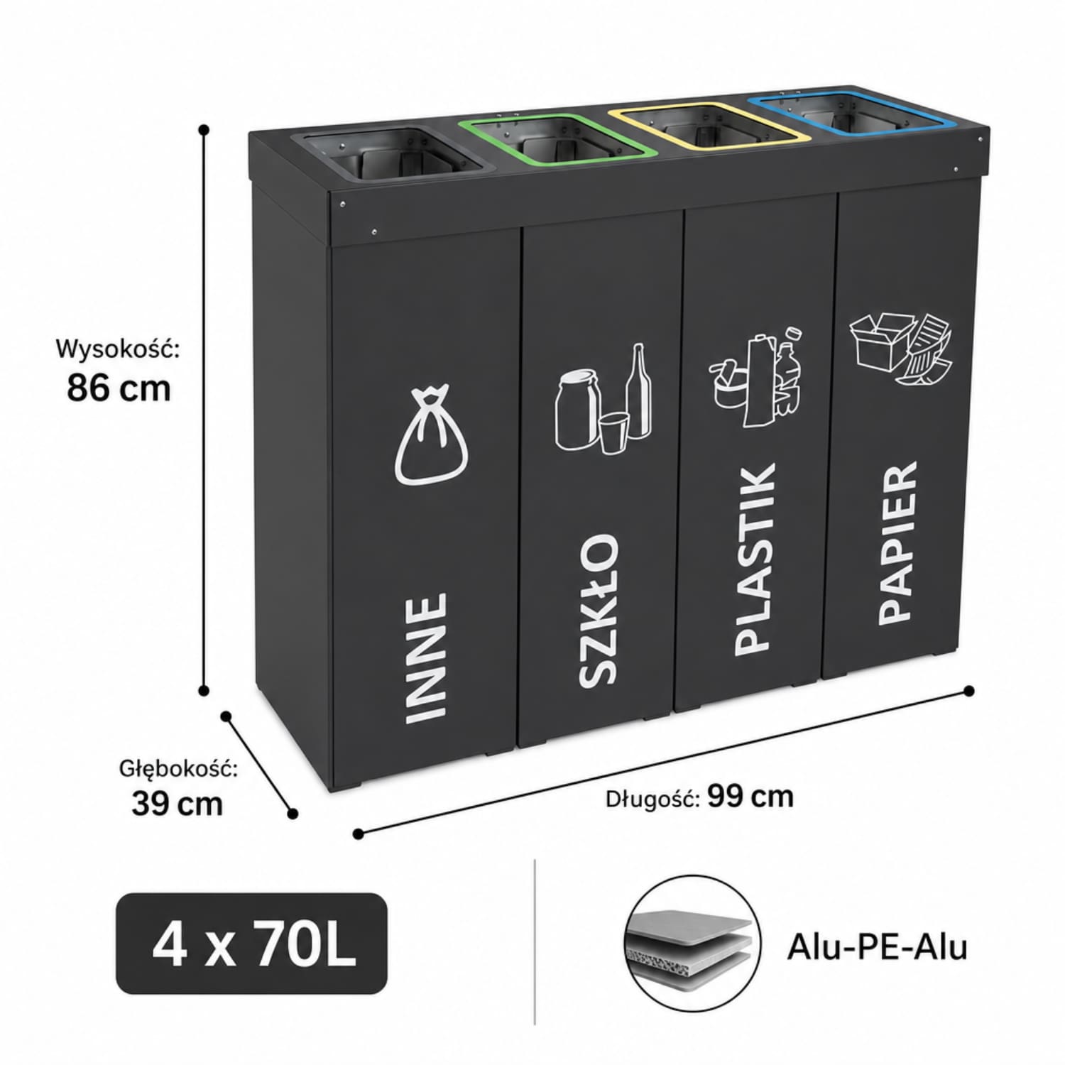 Specyfikacja kosza do segregacji DENEB 4 x 70L &ndash; wymiary 99 &times; 86 &times; 39 cm, pojemność 280 litr&oacute;w, korpus z płyty kompozytowej Alu-PE-Alu.
