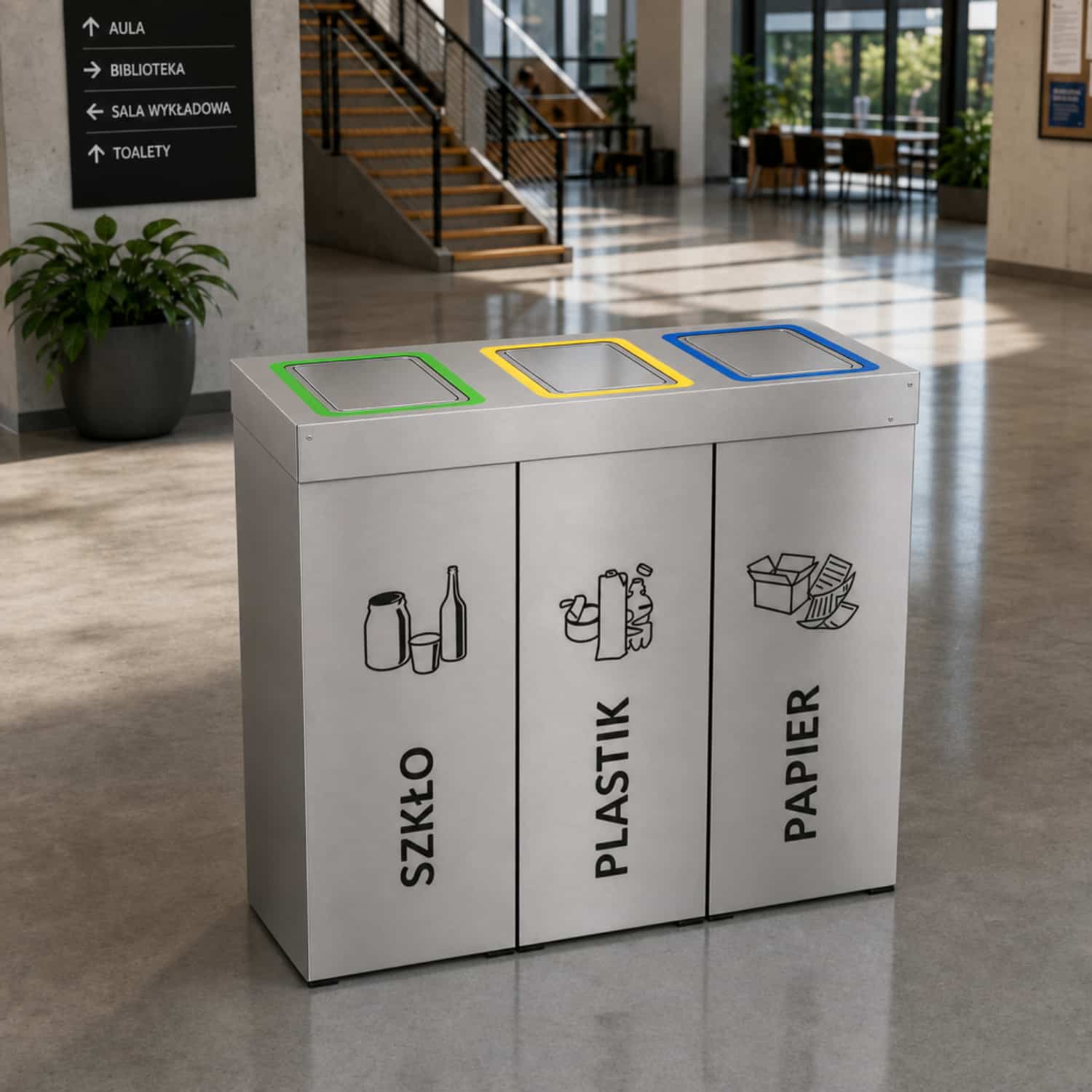 Stacja do segregacji odpad&oacute;w DENEB 3 x 50 L z klapami w holu uczelni &ndash; kosz na szkło, plastik i papier