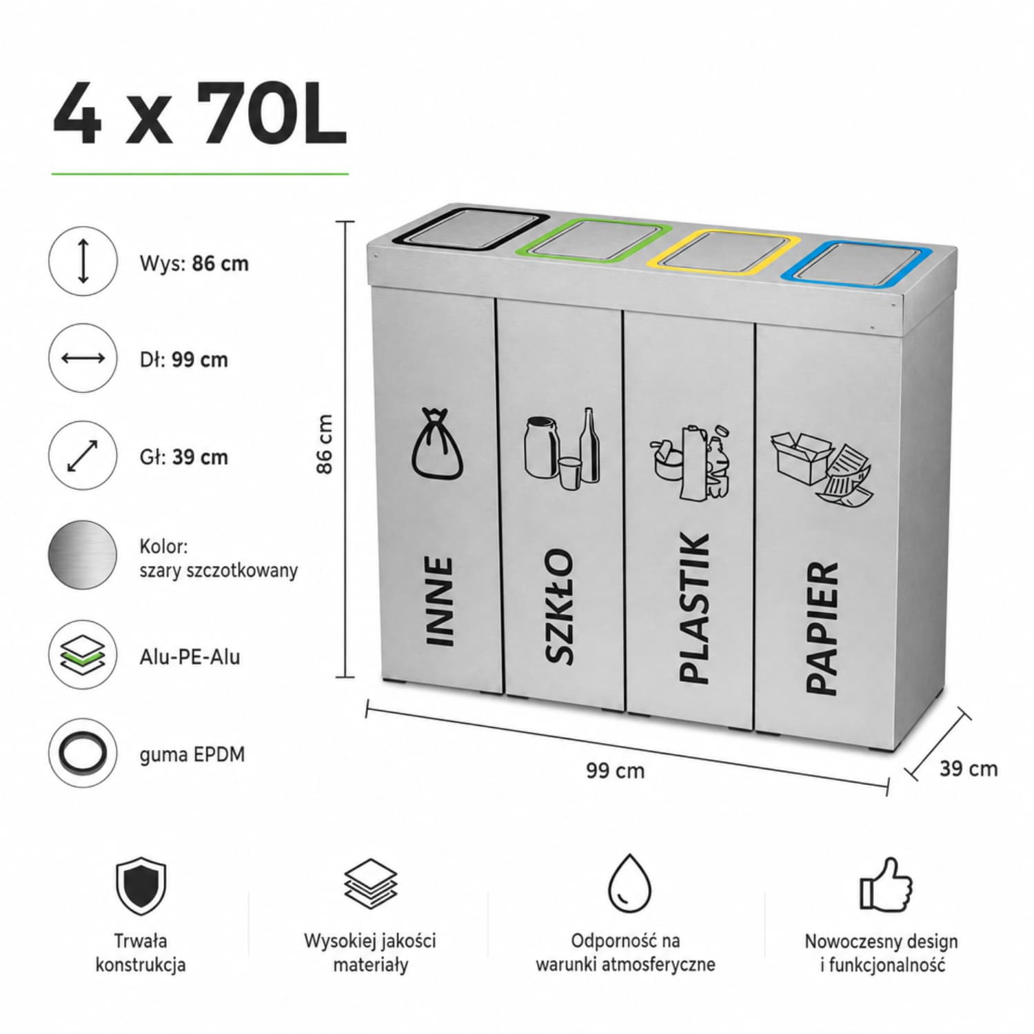 Kosz do segregacji DENEB 4 × 70 L z klapami – wymiary 86 × 99 × 39 cm, korpus Alu-PE-Alu