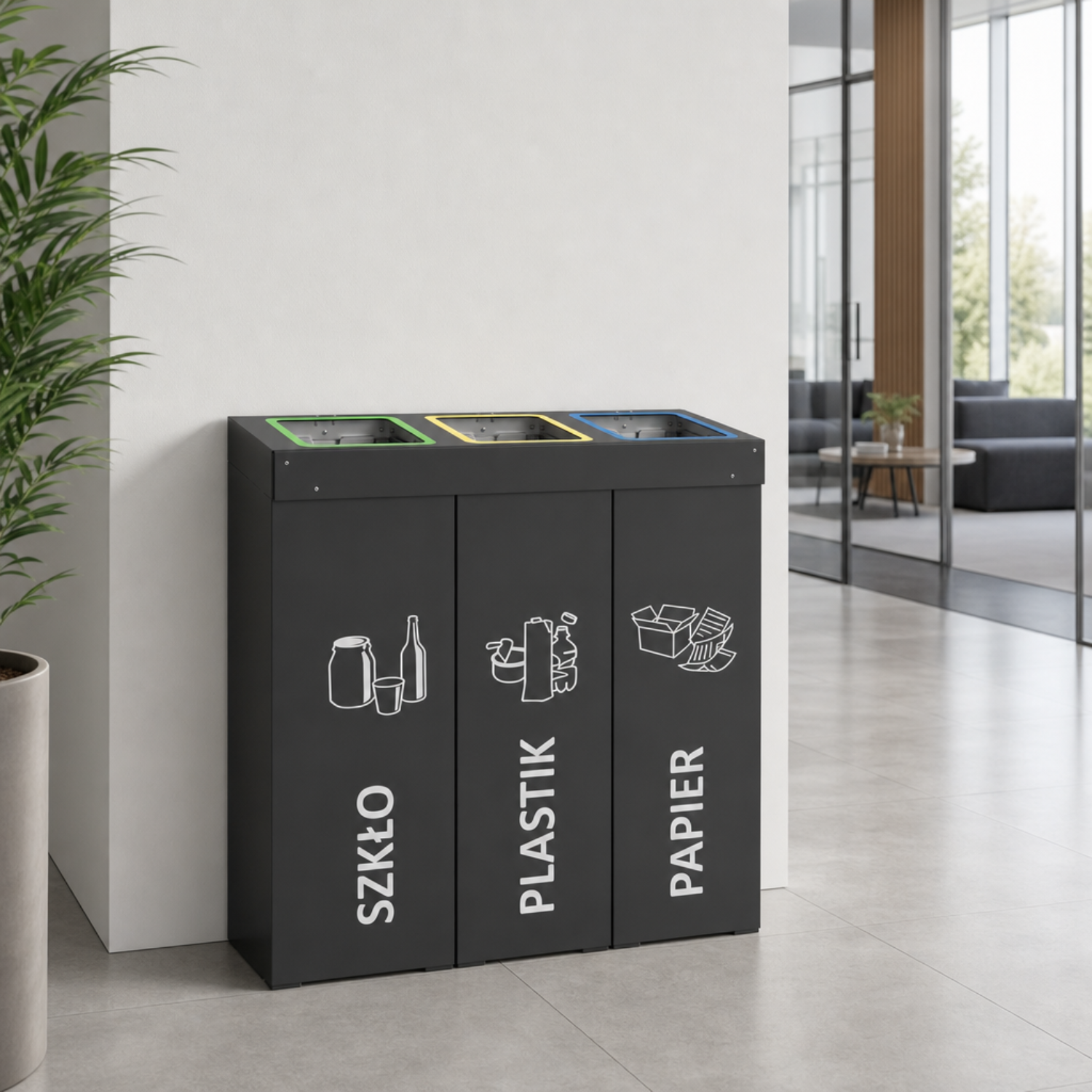 Kosz do segregacji odpad&oacute;w DENEB 3 x 70L ustawiony w nowoczesnym biurze &ndash; estetyczny kosz do recyklingu do przestrzeni biurowych i instytucji.