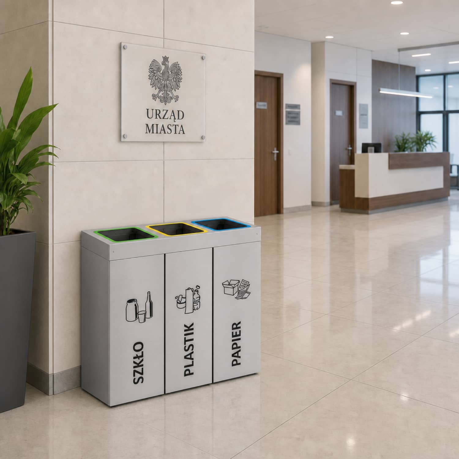 Kosz do segregacji odpad&oacute;w DENEB 3 x 50 L w urzędzie &ndash; trzykomorowy pojemnik na szkło, plastik i papier