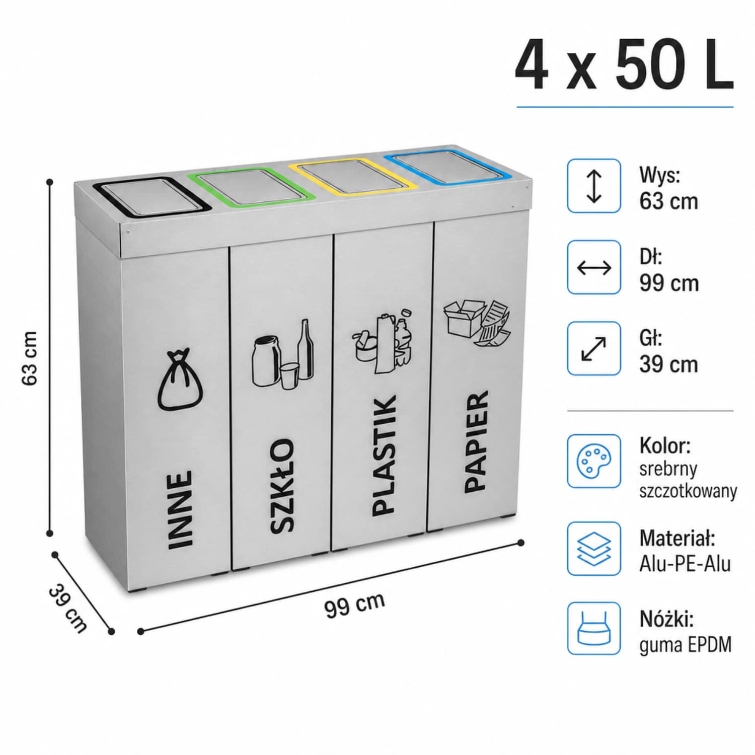 Stacja do segregacji odpad&oacute;w DENEB 4 &times; 50 L &ndash; srebrny kosz do segregacji z czterema komorami, wymiary 63 &times; 99 &times; 39 cm, materiał Alu-PE-Alu.