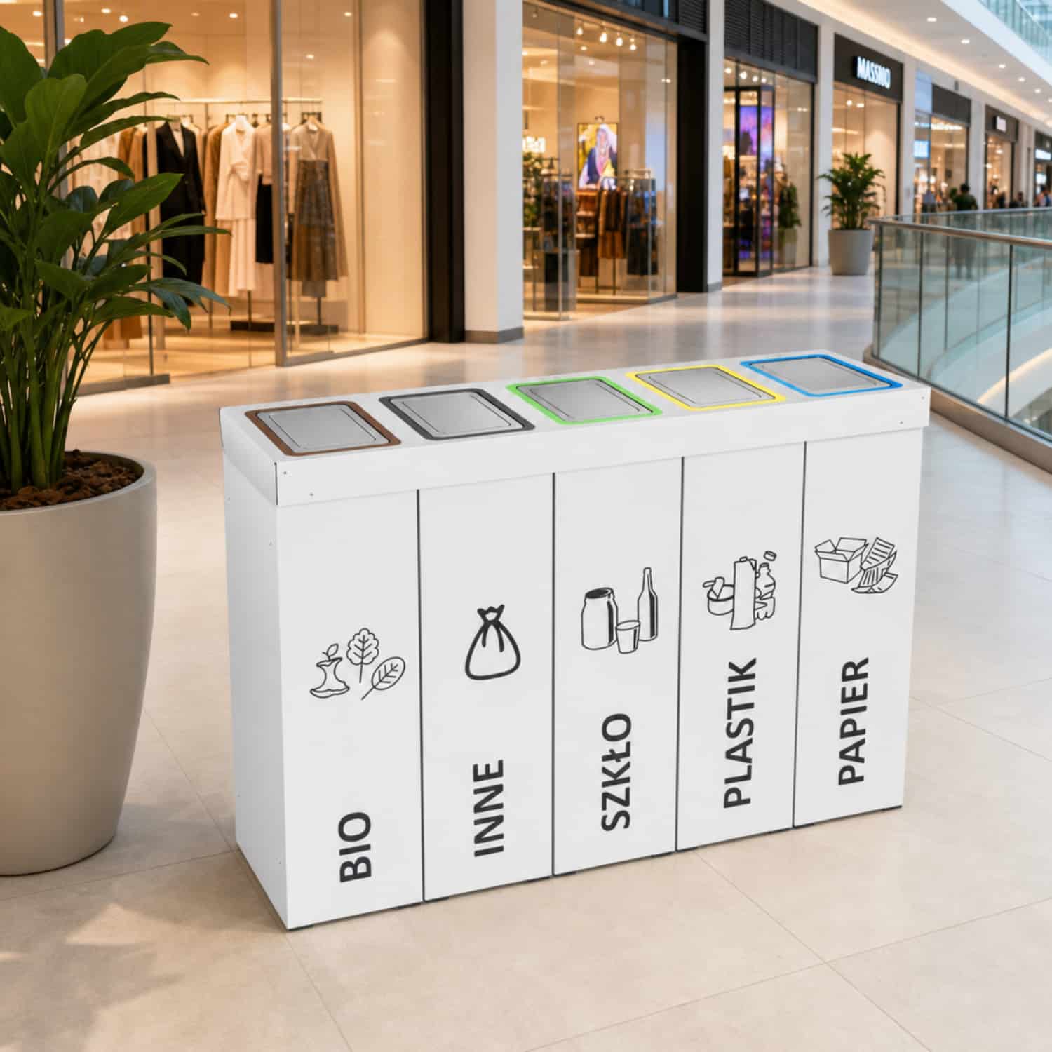 Kosz do segregacji DENEB 5-komorowy w galerii handlowej &ndash; estetyczny pojemnik do segregacji odpad&oacute;w do obiekt&oacute;w komercyjnych i przestrzeni publicznych.