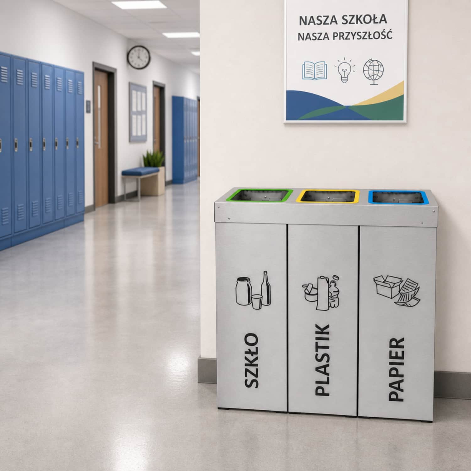 Kosz do segregacji DENEB 3 x 50 L w szkole &ndash; trzykomorowy kosz na szkło, plastik i papier