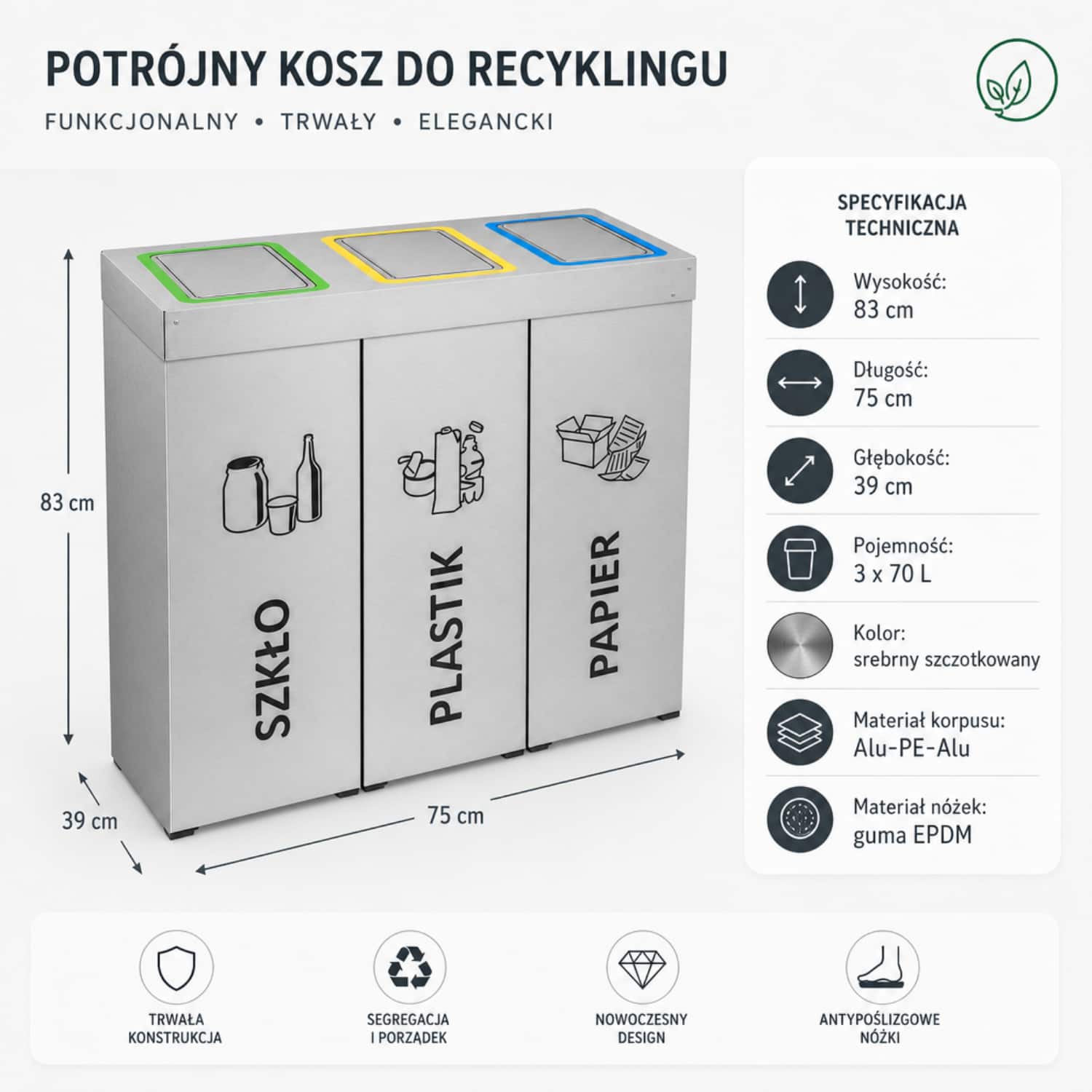 Kosz do segregacji DENEB 3 &times; 70 L z klapami &ndash; wymiary 83 &times; 75 &times; 39 cm, srebrny korpus Alu-PE-Alu
