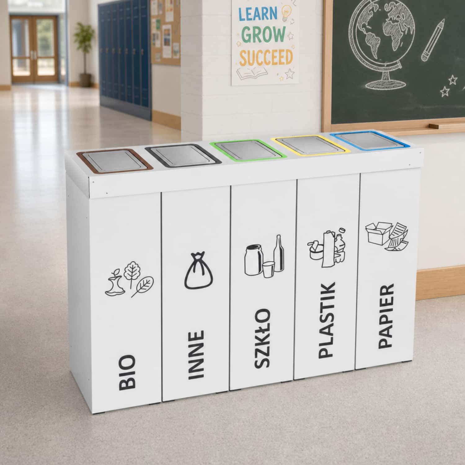 Kosz do segregacji DENEB 5-komorowy na szkolnym korytarzu &ndash; trwały pojemnik do segregacji odpad&oacute;w do szk&oacute;ł i plac&oacute;wek edukacyjnych.