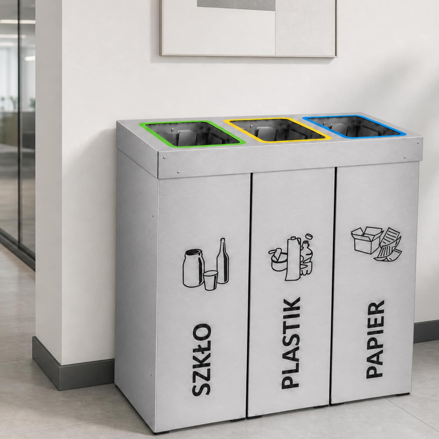 Stacja do segregacji DENEB 3 &times; 70 L w nowoczesnym biurze &ndash; trzykomorowy kosz do selektywnej zbi&oacute;rki odpad&oacute;w