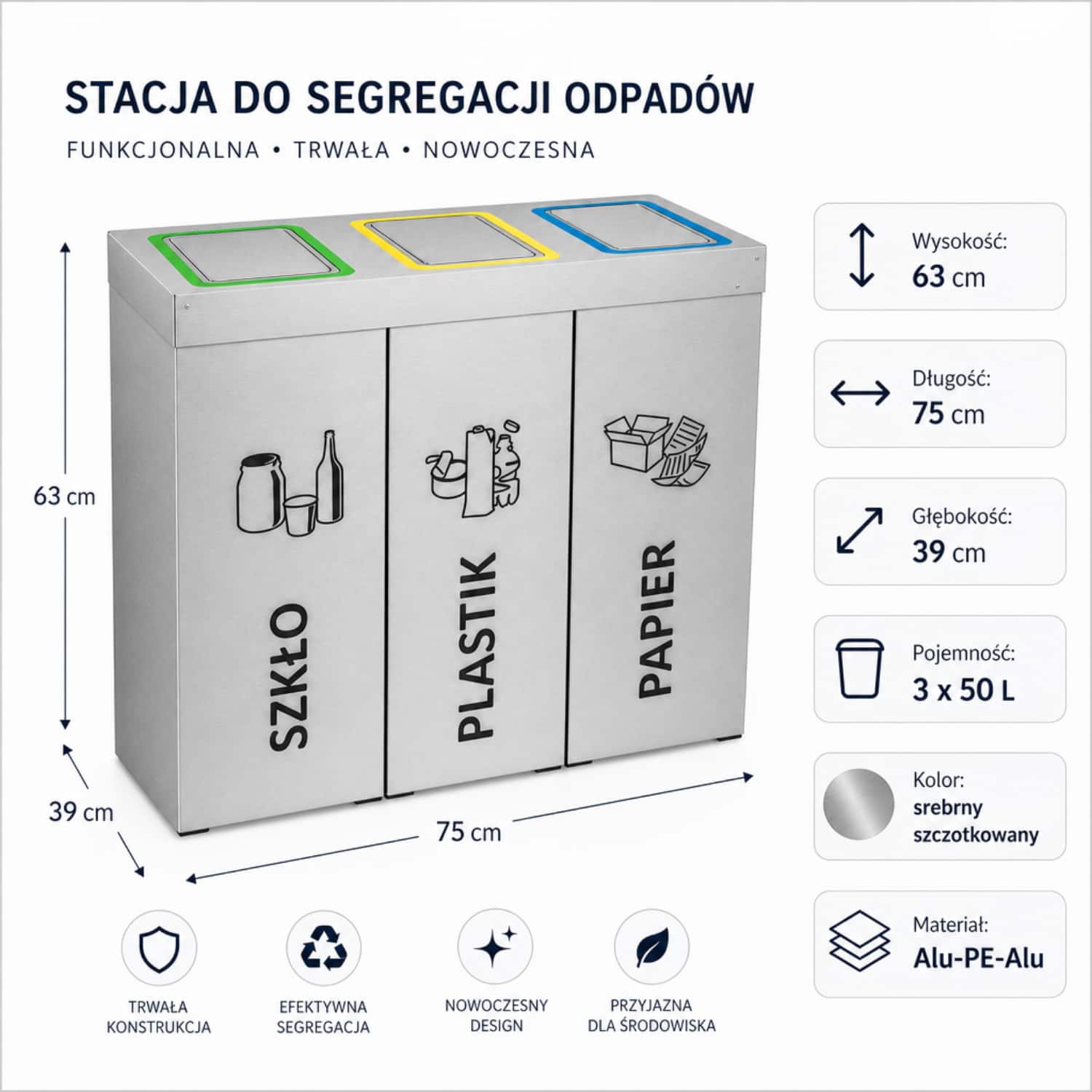 Stacja do segregacji odpad&oacute;w DENEB 3 x 50 L z klapami &ndash; wymiary 63 x 75 x 39 cm, srebrny korpus Alu-PE-Alu