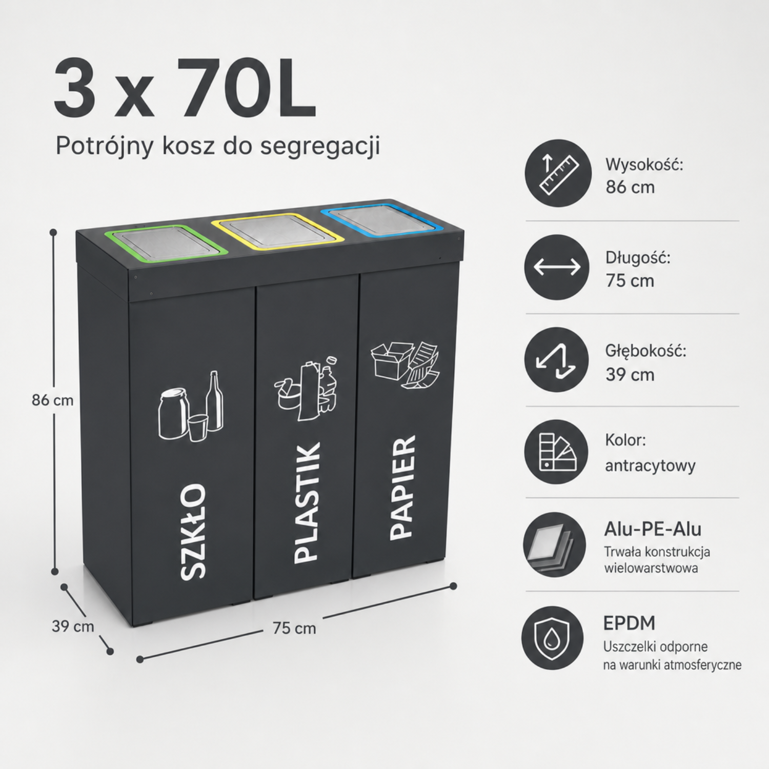 Specyfikacja kosza do segregacji DENEB 3 x 70L &ndash; wymiary 86 &times; 75 &times; 39 cm, antracytowy kosz na szkło, plastik i papier z kompozytu Alu-PE-Alu.
