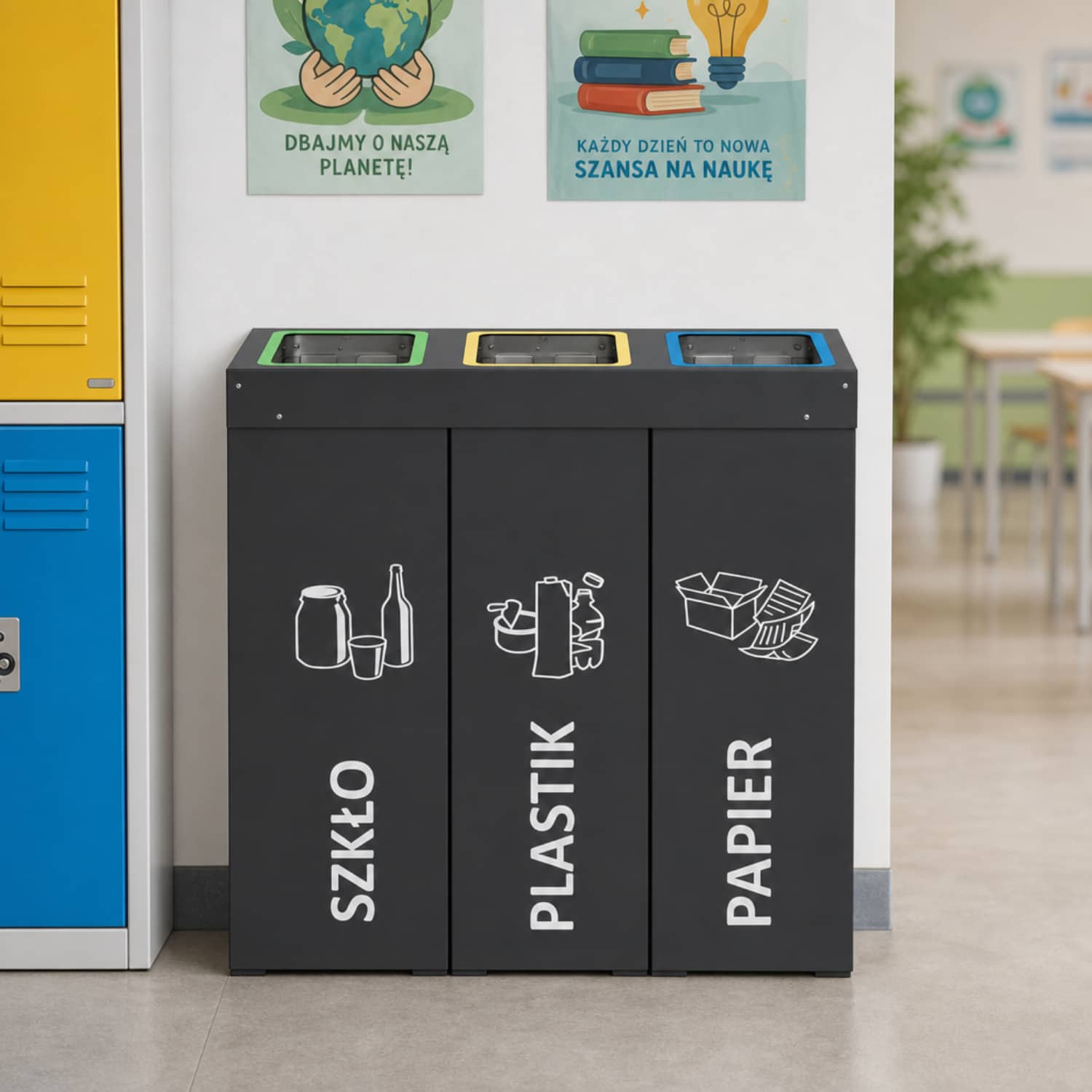 Kosz do segregacji odpad&oacute;w DENEB 3 &times; 70 L do szk&oacute;ł i plac&oacute;wek edukacyjnych.