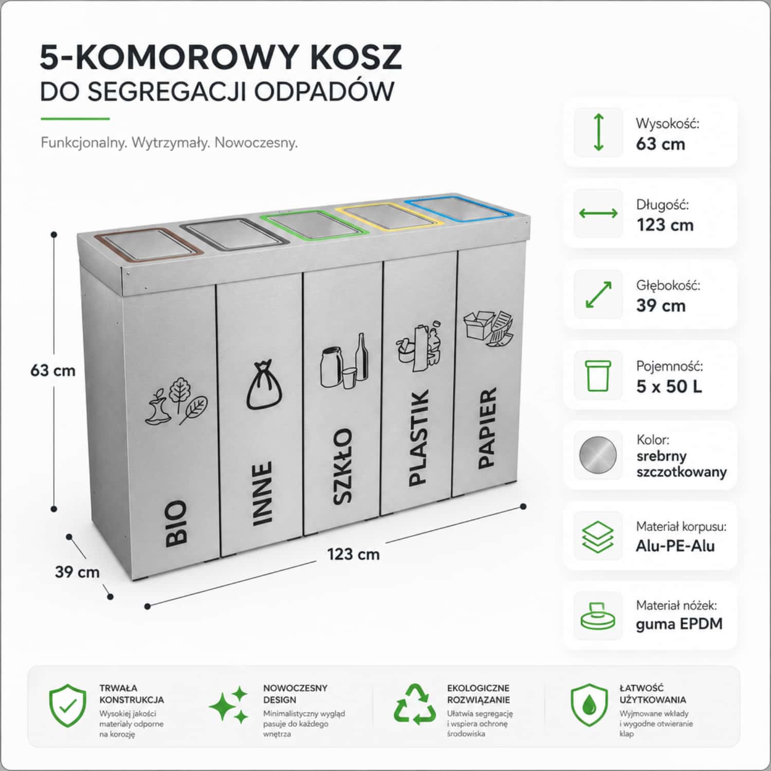 Kosz do segregacji DENEB 5 &times; 50 L &ndash; pięciokomorowa stacja do segregacji odpad&oacute;w, wymiary 63 &times; 123 &times; 39 cm, srebrna