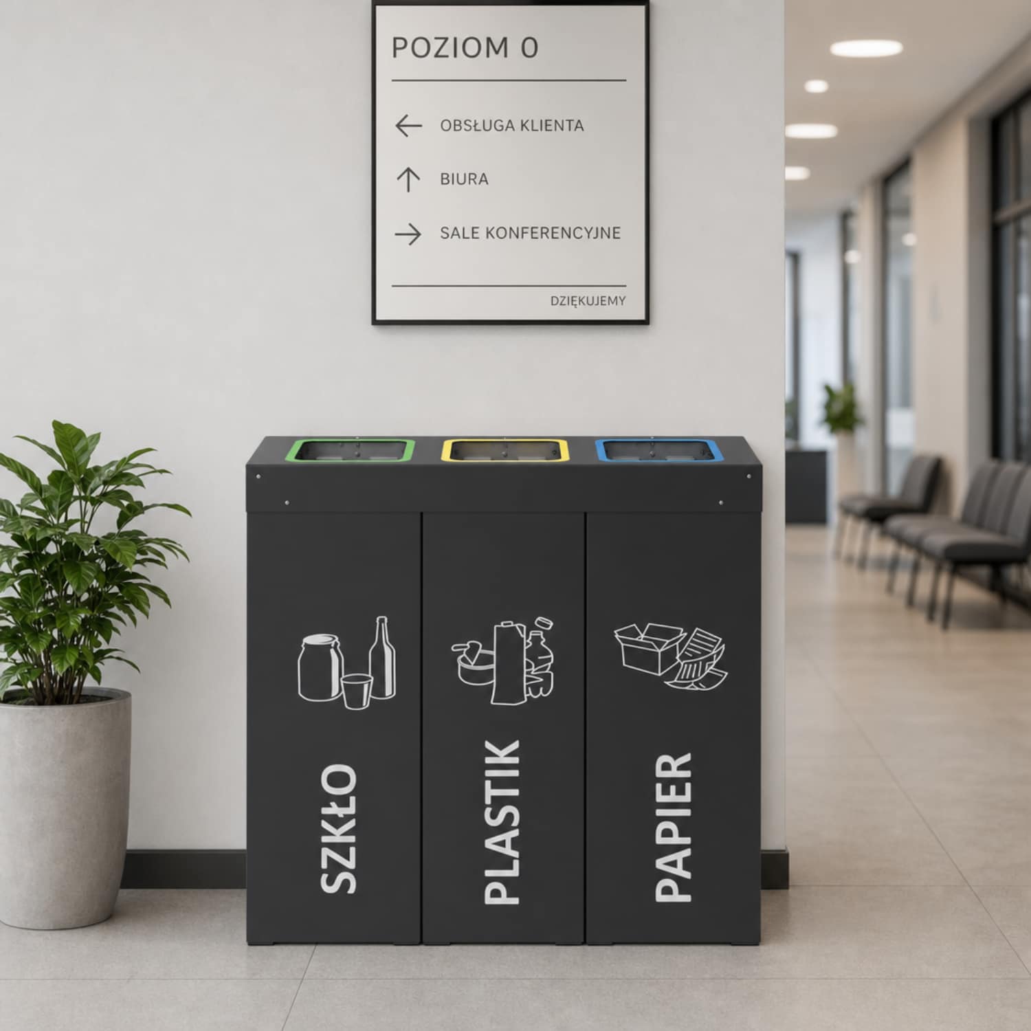 3-komorowy kosz do segregacji DENEB 3 &times; 70 L do urzęd&oacute;w, biur i budynk&oacute;w użyteczności publicznej.