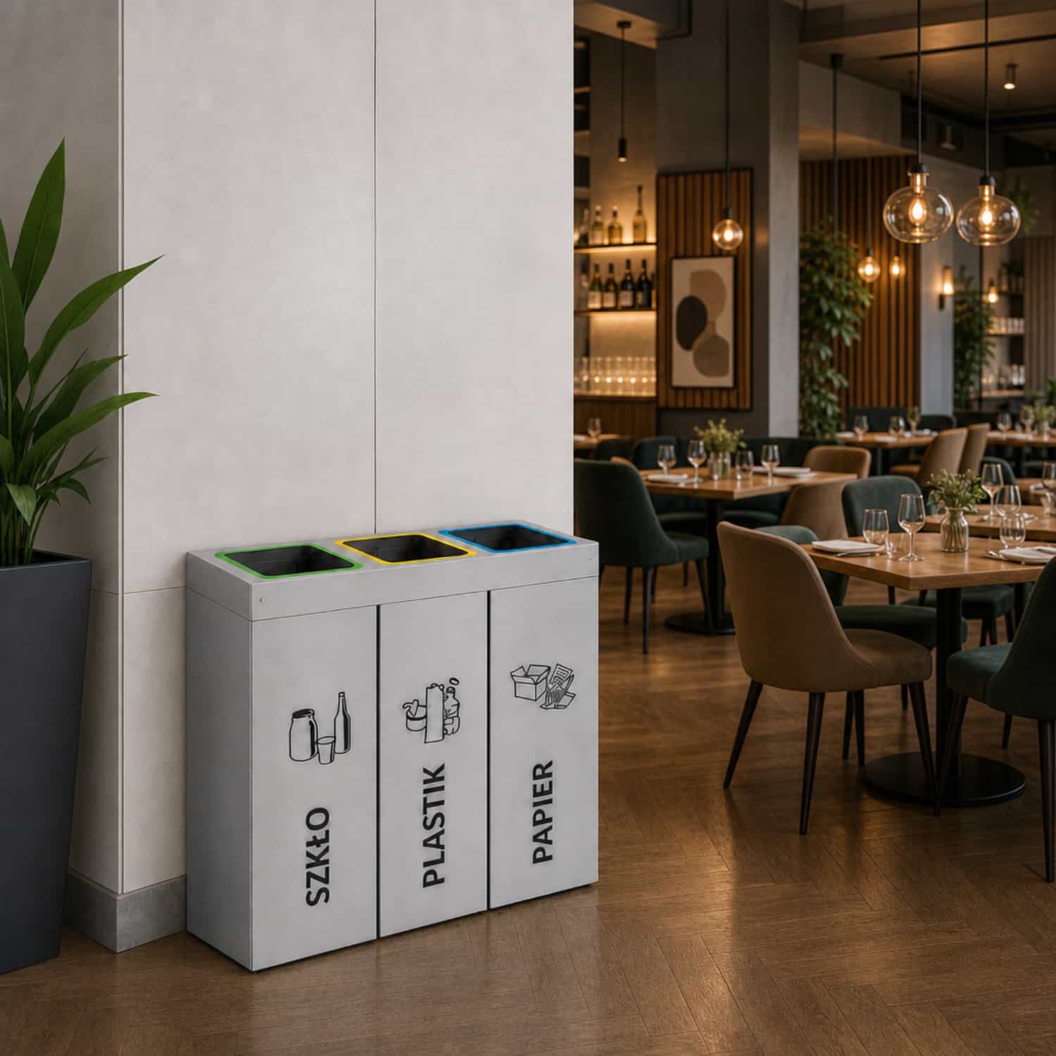 Kosz do segregacji odpad&oacute;w DENEB 3 x 50 L w restauracji &ndash; trzy komory na szkło, plastik i papier