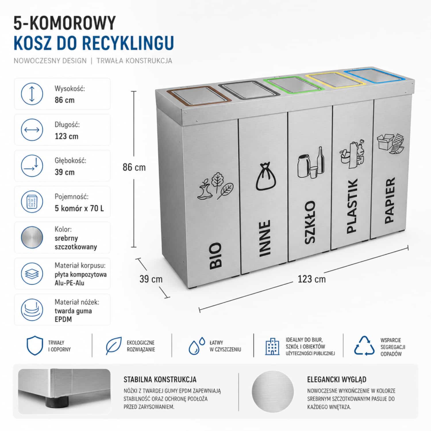 Kosz do segregacji DENEB 5 &times; 70 L z klapami &ndash; 5 kom&oacute;r, wymiary 86 &times; 123 &times; 39 cm, pojemność 350 L