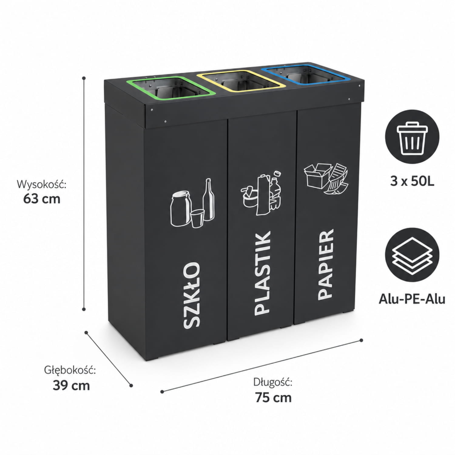 3-komorowy kosz do segregacji DENEB 3 &times; 70 L antracytowy &ndash; wymiary, pojemność i dane techniczne.