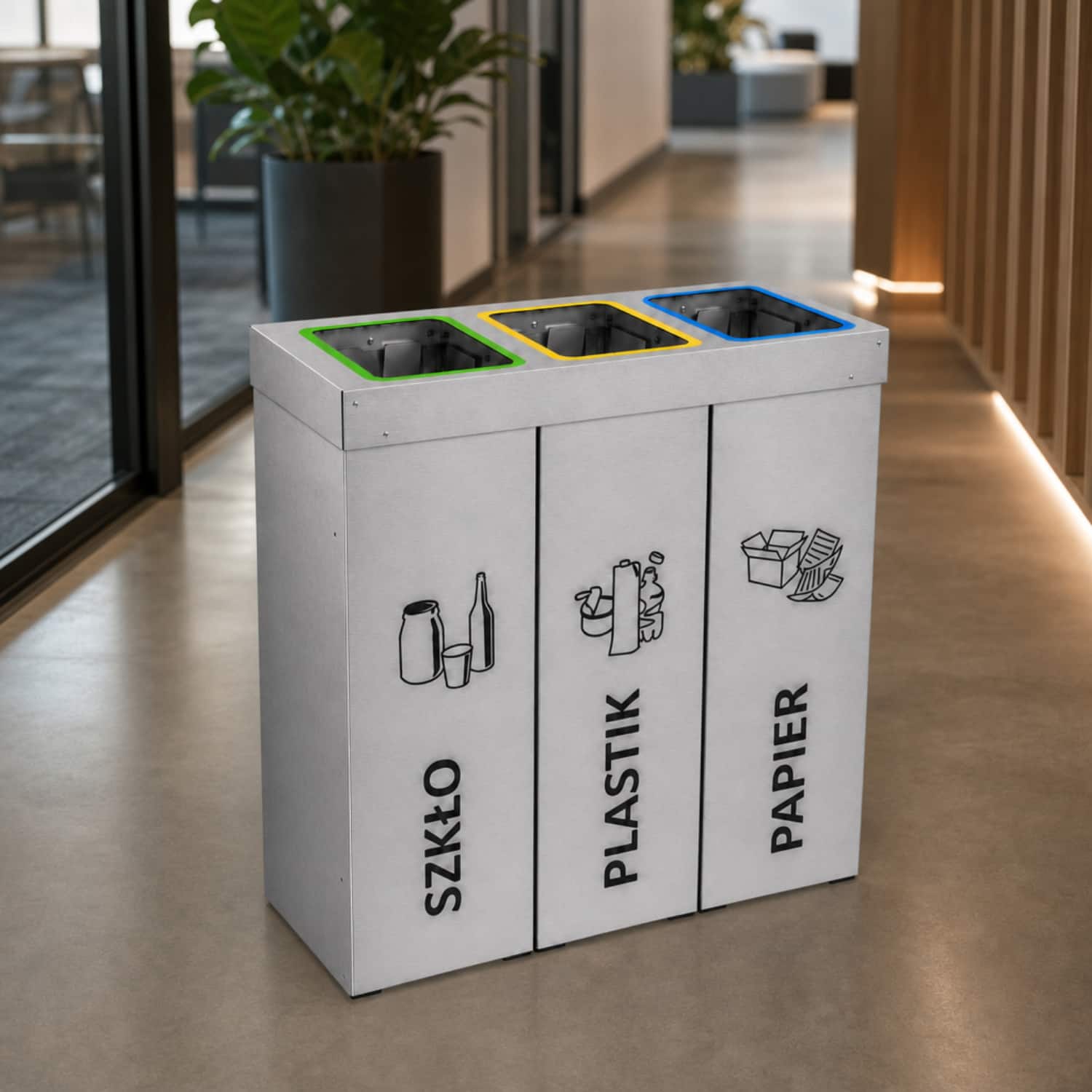 Kosz do segregacji odpad&oacute;w DENEB 3 x 50 L do biura &ndash; pojemniki na szkło, plastik i papier