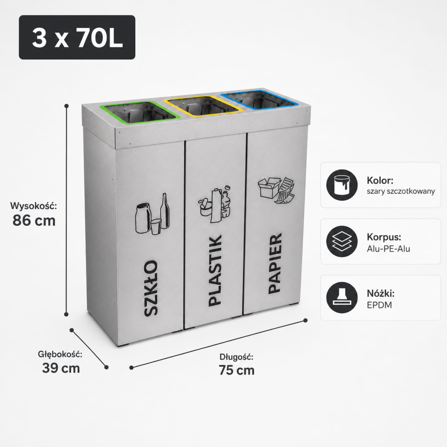 Kosz do segregacji DENEB 3 &times; 70 L &ndash; trzykomorowa stacja do segregacji odpad&oacute;w, wymiary 86 &times; 75 &times; 39 cm
