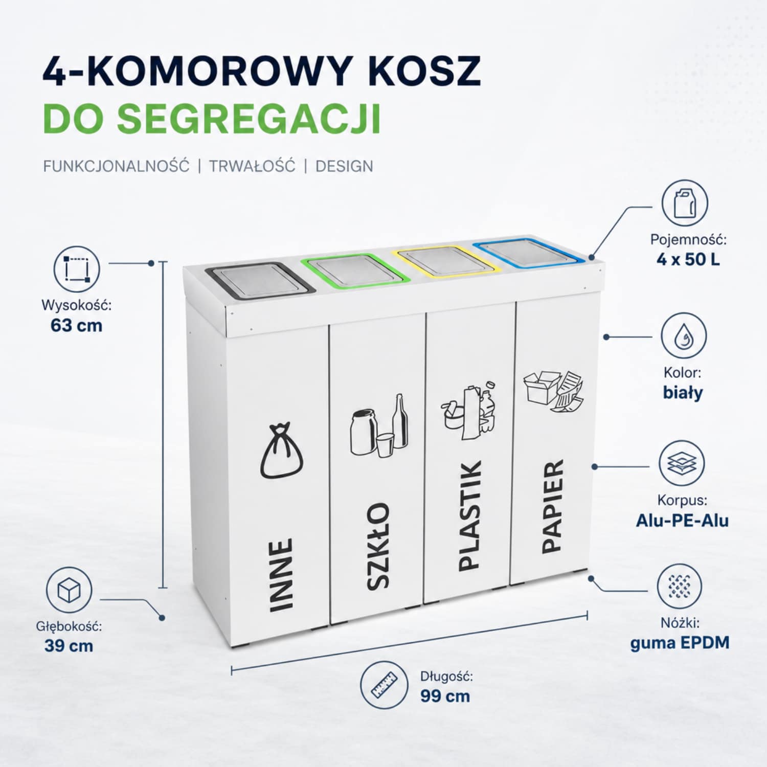 Kosz do segregacji 4-komorowy DENEB 4 &times; 50 L z klapami wrzutowymi &ndash; biały pojemnik na odpady zmieszane, szkło, plastik i papier.