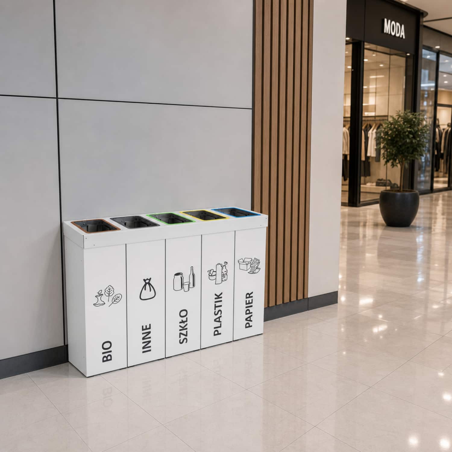 Pięciokomorowy kosz do segregacji DENEB 5 x 50 L w galerii handlowej &ndash; nowoczesny pojemnik do segregacji odpad&oacute;w w przestrzeni publicznej.