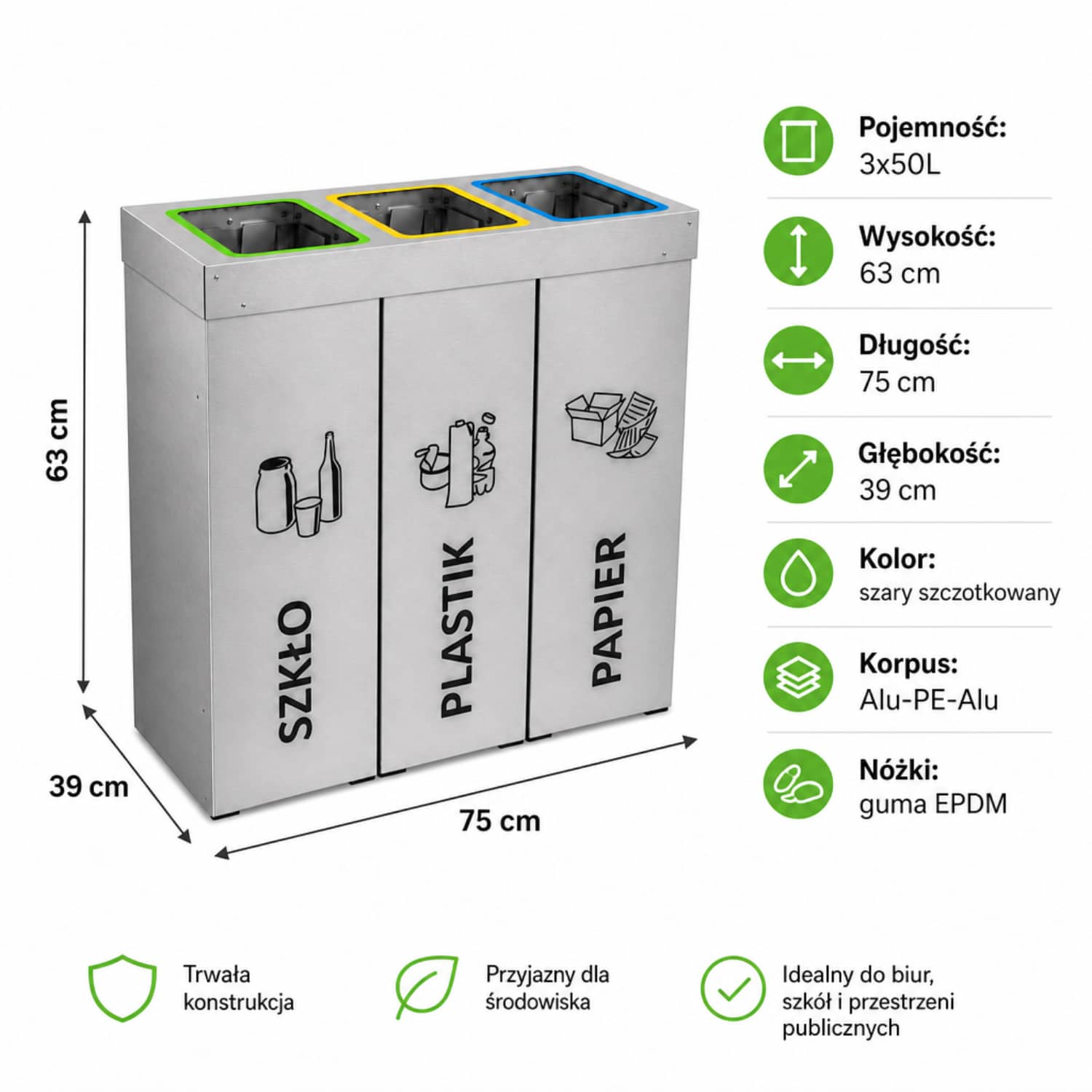 Kosz do segregacji DENEB 3 x 50 L &ndash; wymiary 63 x 75 x 39 cm, kolor szary szczotkowany, korpus Alu-PE-Alu