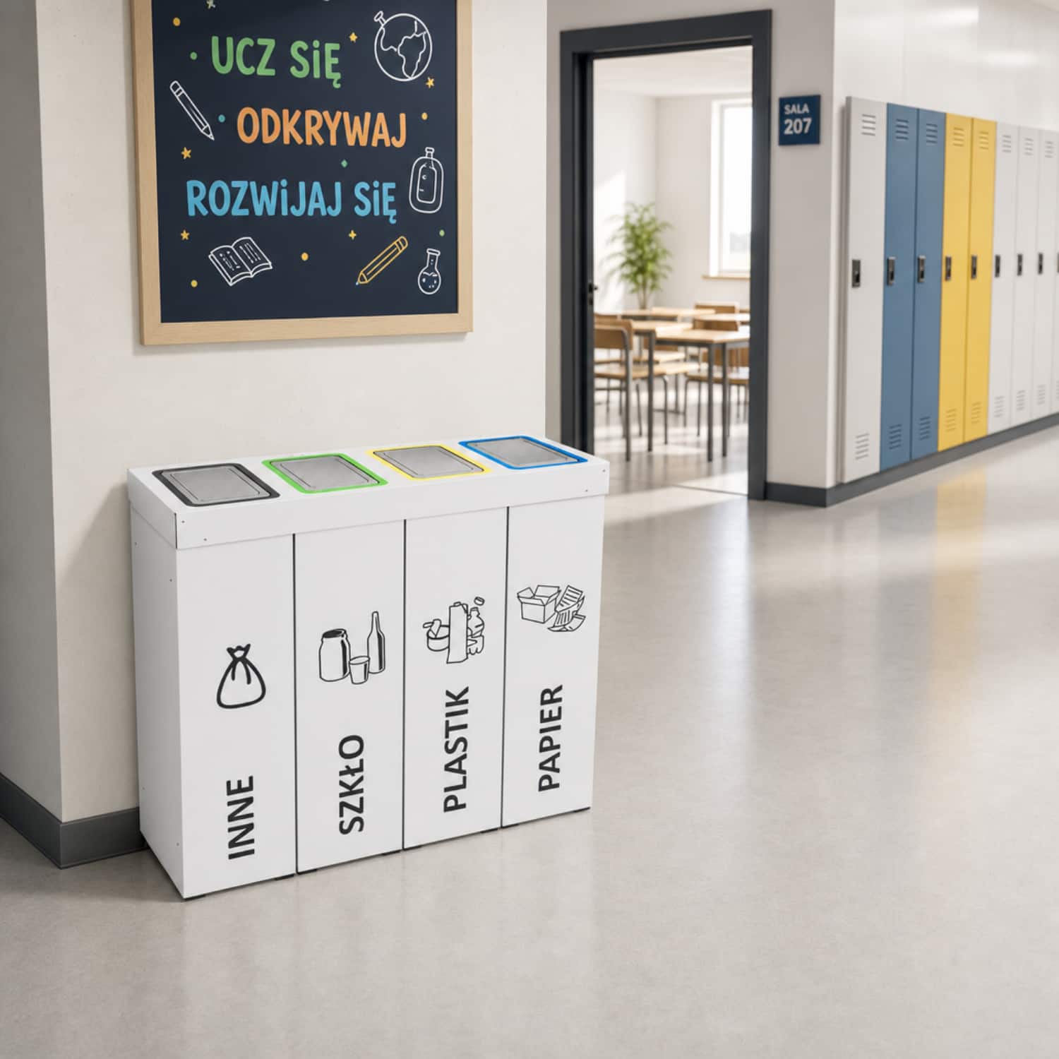 Kosz do segregacji do szkoły DENEB &ndash; trwały pojemnik do recyklingu z klapami wrzutowymi.