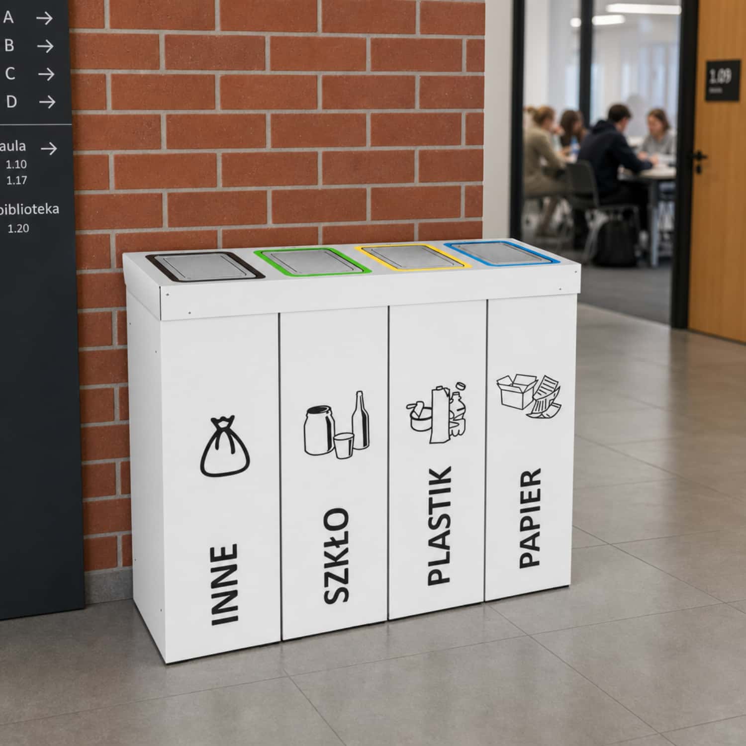 Kosz do segregacji DENEB 4 &times; 50 L do biur i budynk&oacute;w użyteczności publicznej z klapami wrzutowymi.
