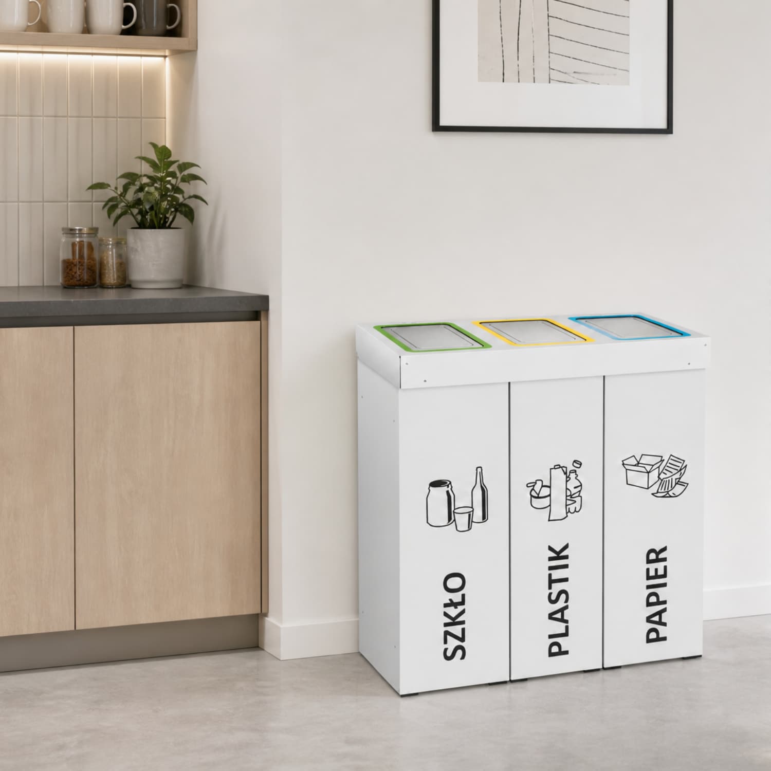 Kosz do segregacji DENEB 3 x 70 L w nowoczesnej kuchni &ndash; funkcjonalny pojemnik do segregacji odpad&oacute;w do domu i biura.